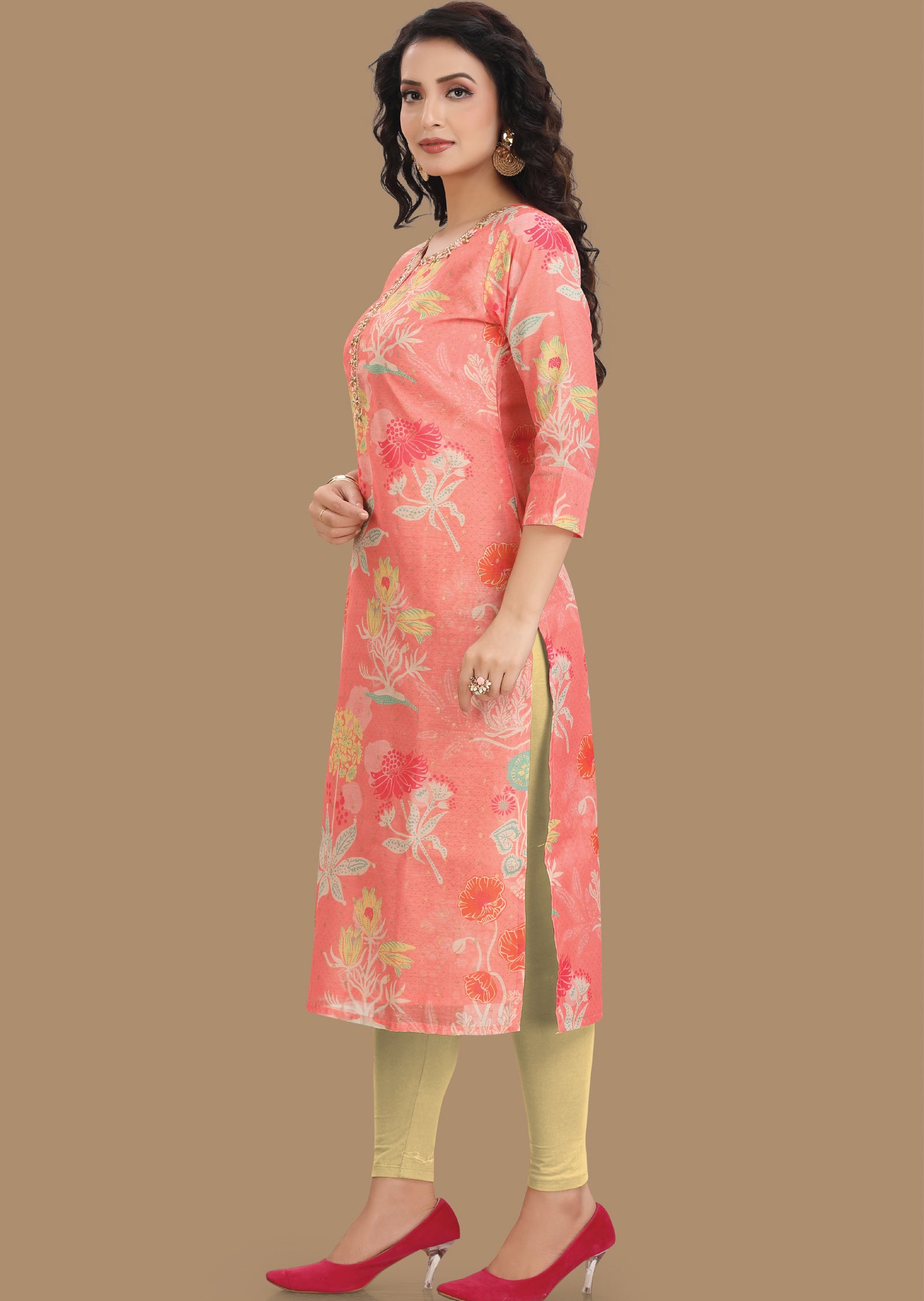 Dark Peach Banarasi Chanderi Kurti Straight Cut