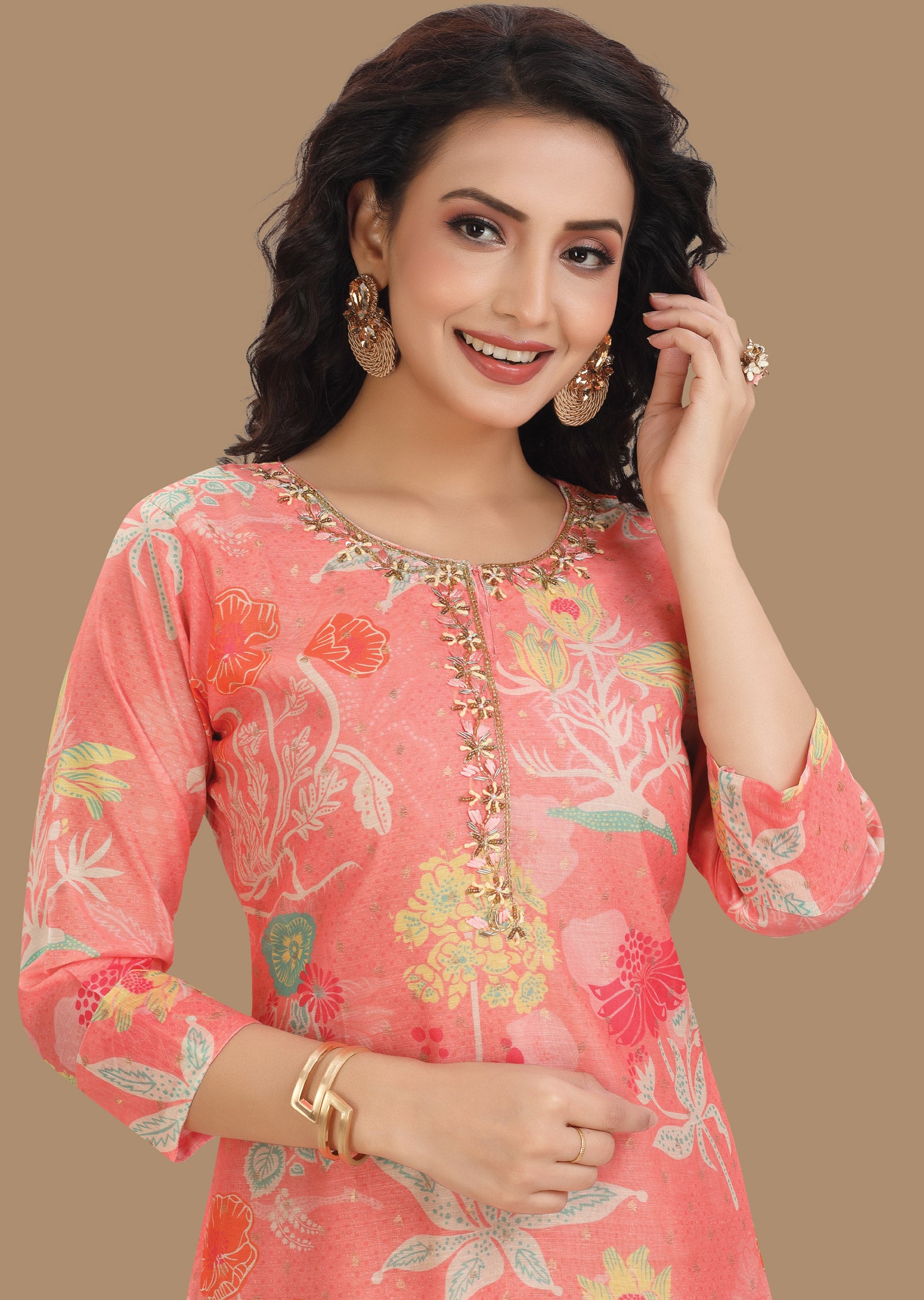 Dark Peach Banarasi Chanderi Kurti Straight Cut