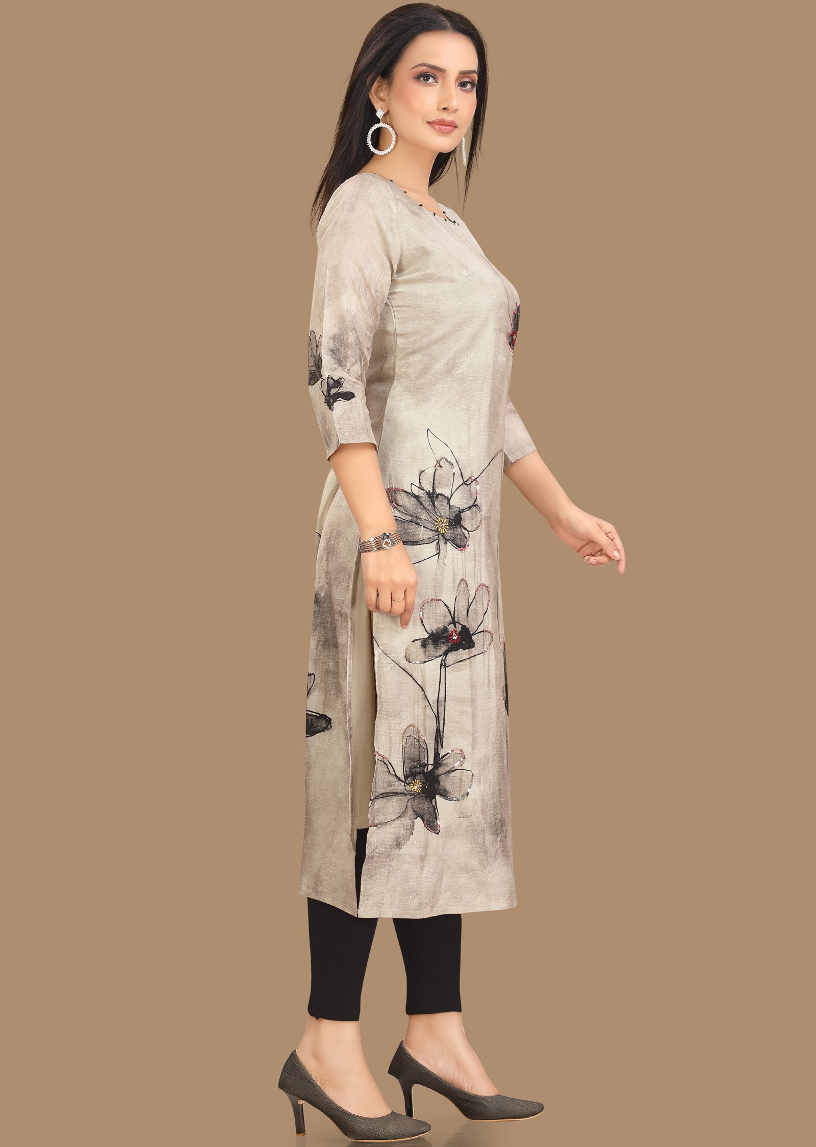 Grey Dola Silk Kurti Straight Cut