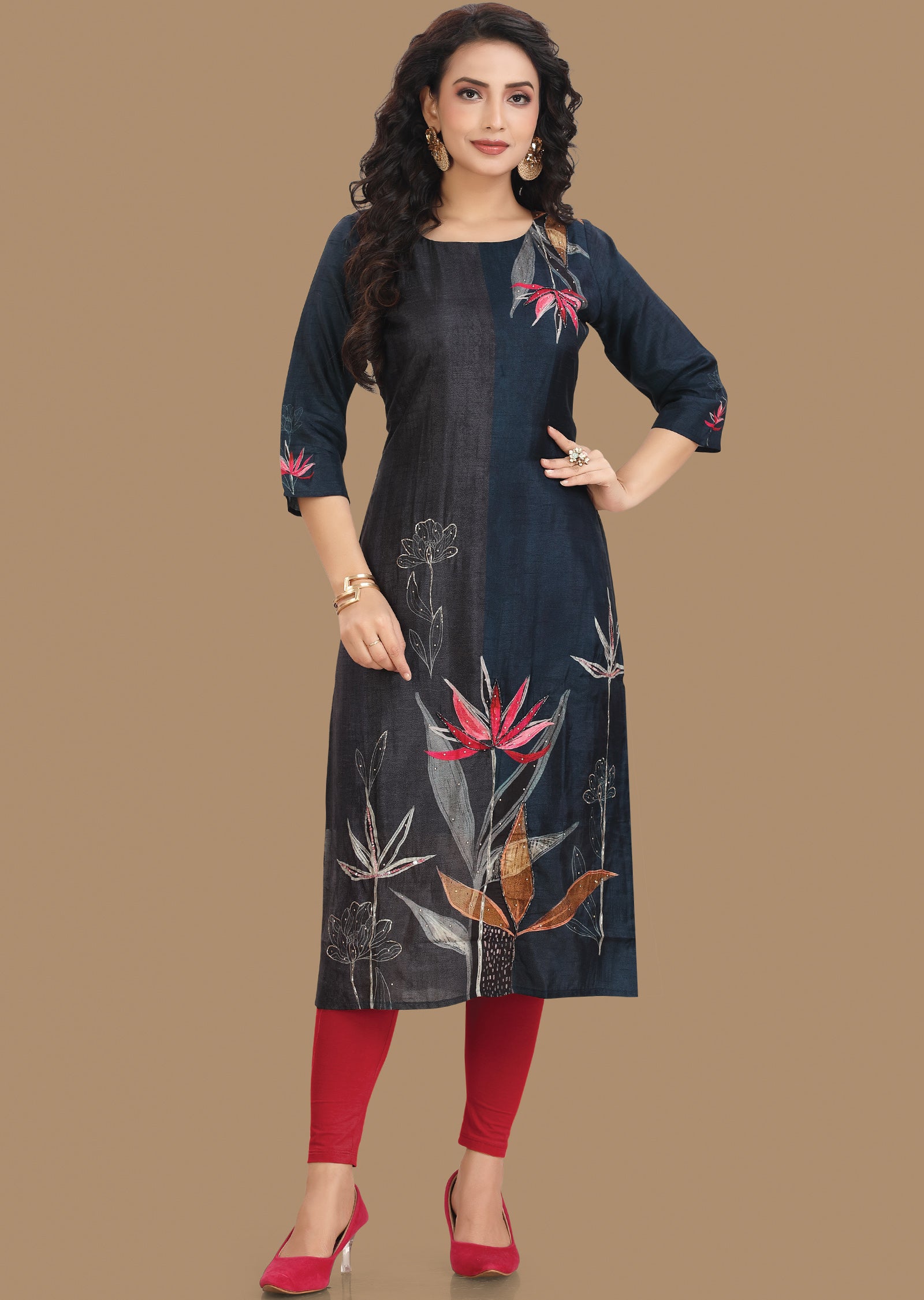 Dark Teal Blue Dola Silk Kurti Straight Cut