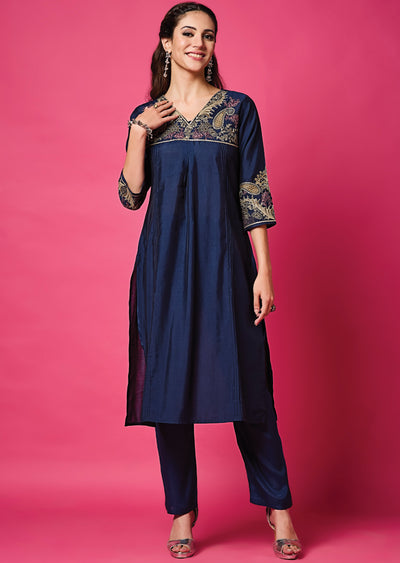 Navy Blue Russian Silk Straight Cut