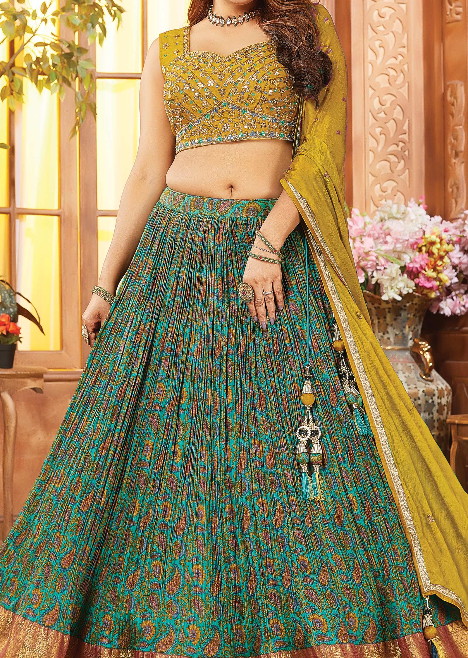Mustard Green Silk Embroidered lehenga
