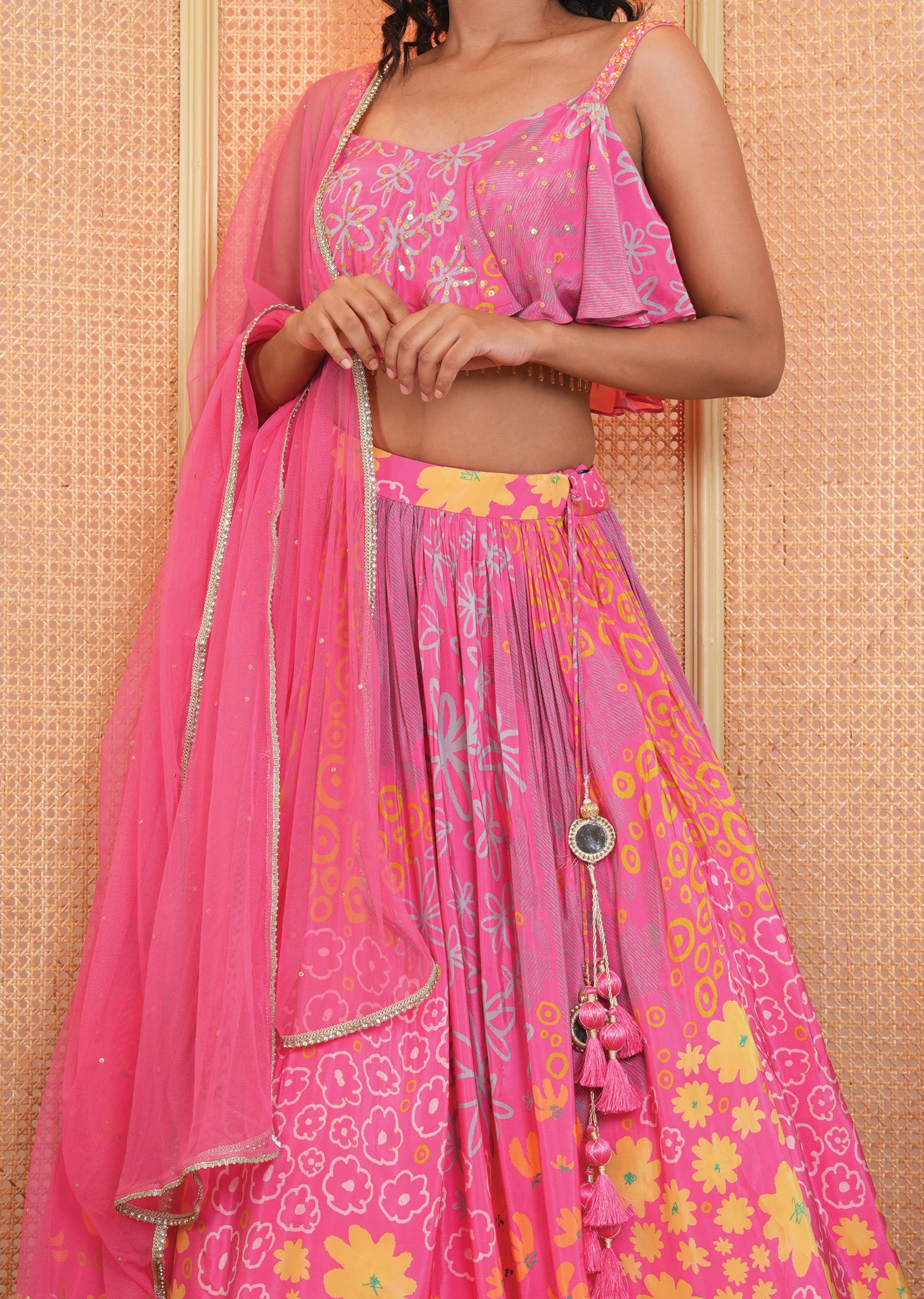 Rani Pink Crepe Printed Lehenga Set