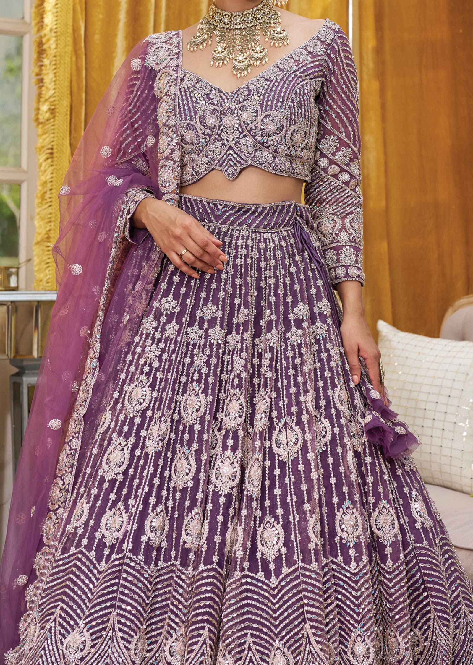 Dusty Purple Net Mirror & Stone Work Lehenga Set