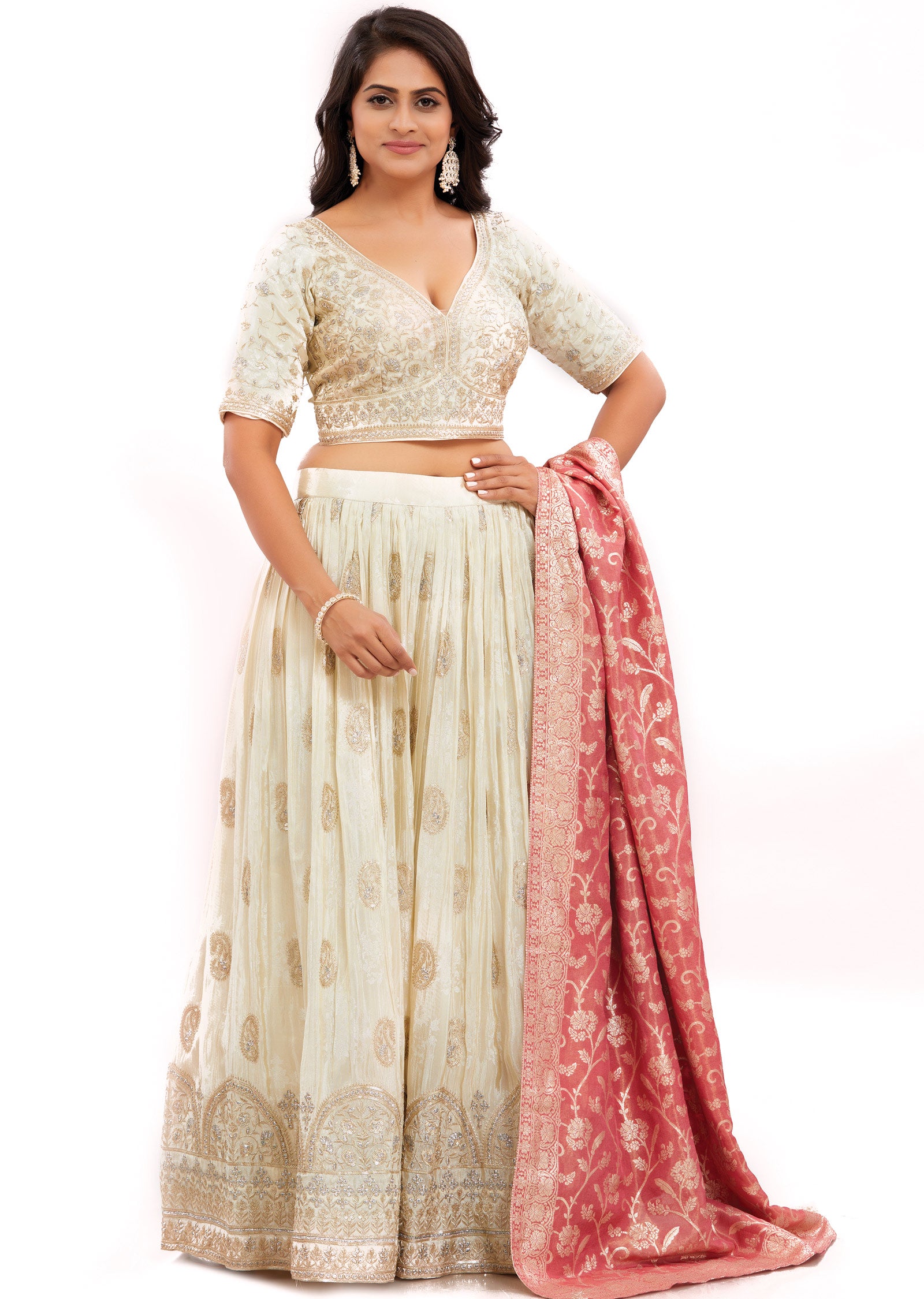 Cream Tissue Silk Lehenga Set