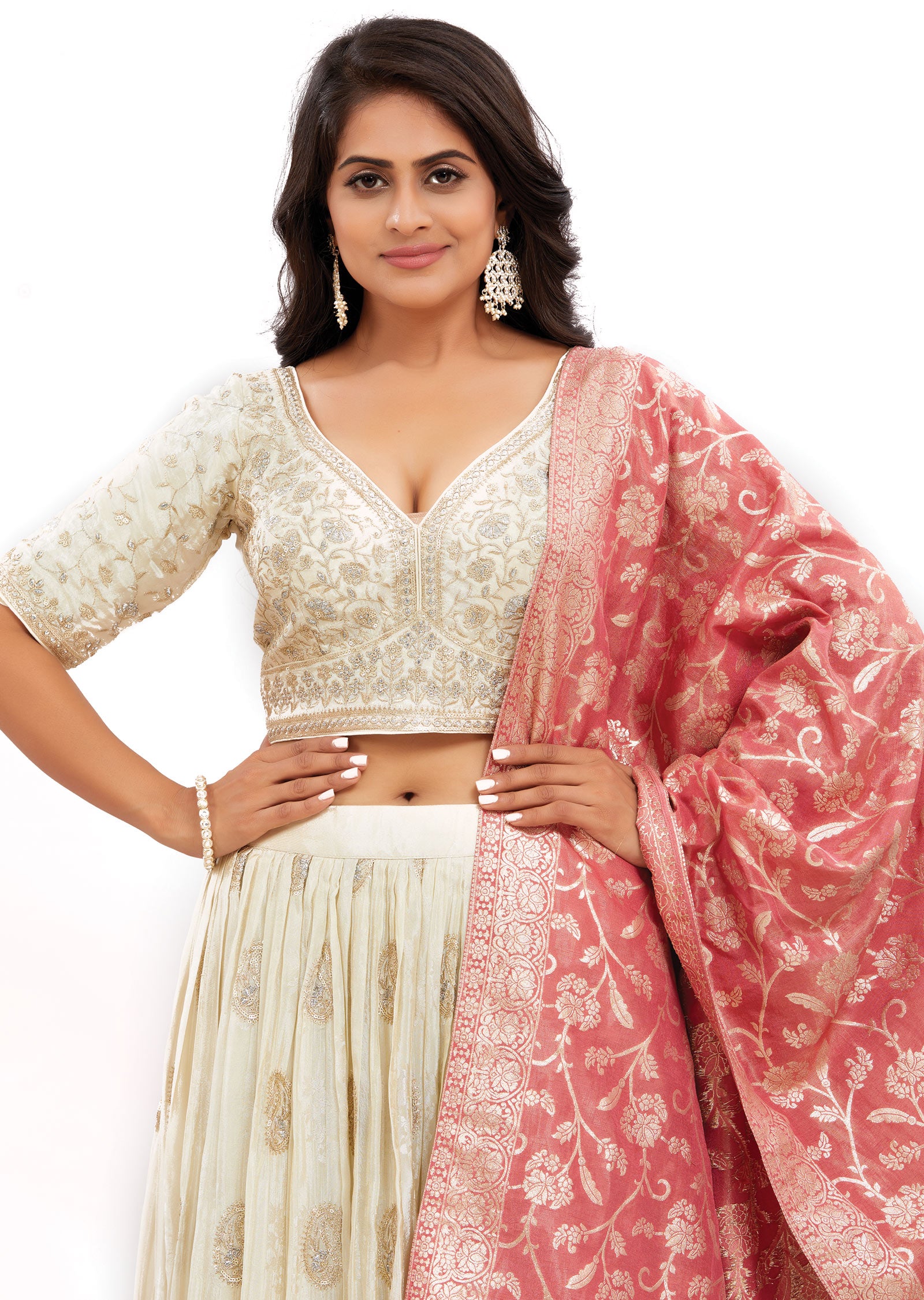 Cream Tissue Silk Lehenga Set