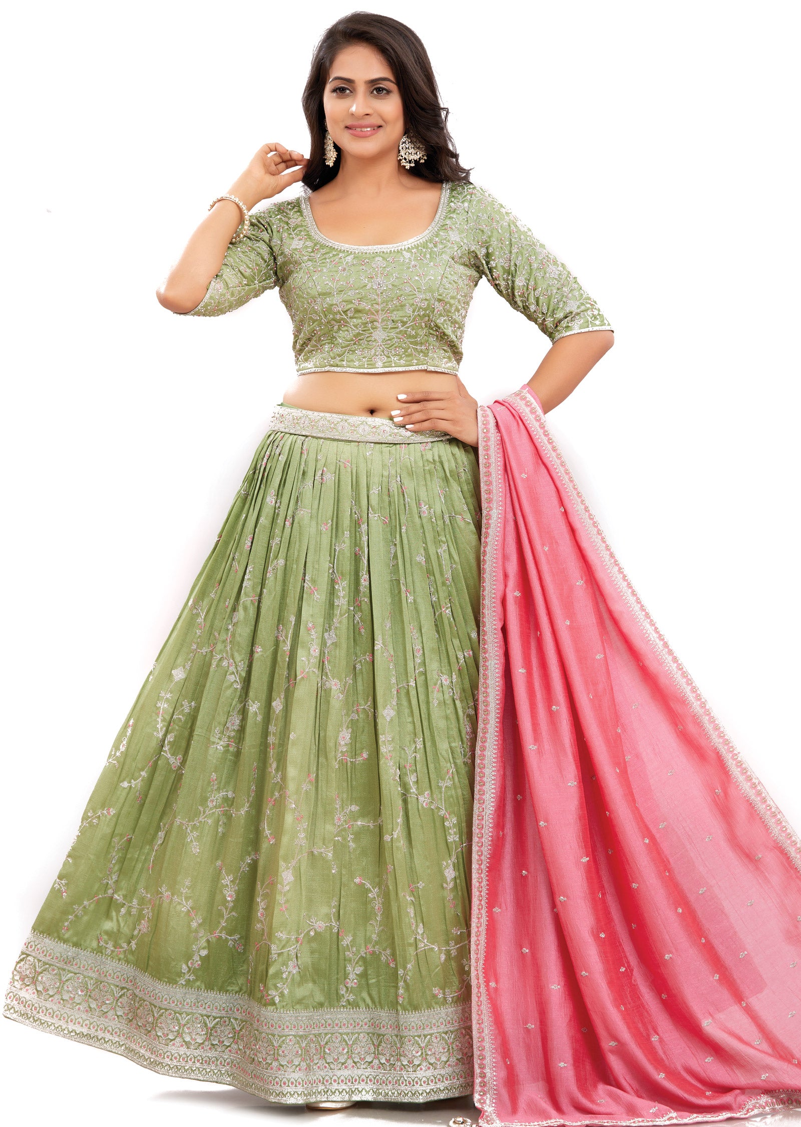 Light Mehndi Green Silk Lehenga Set