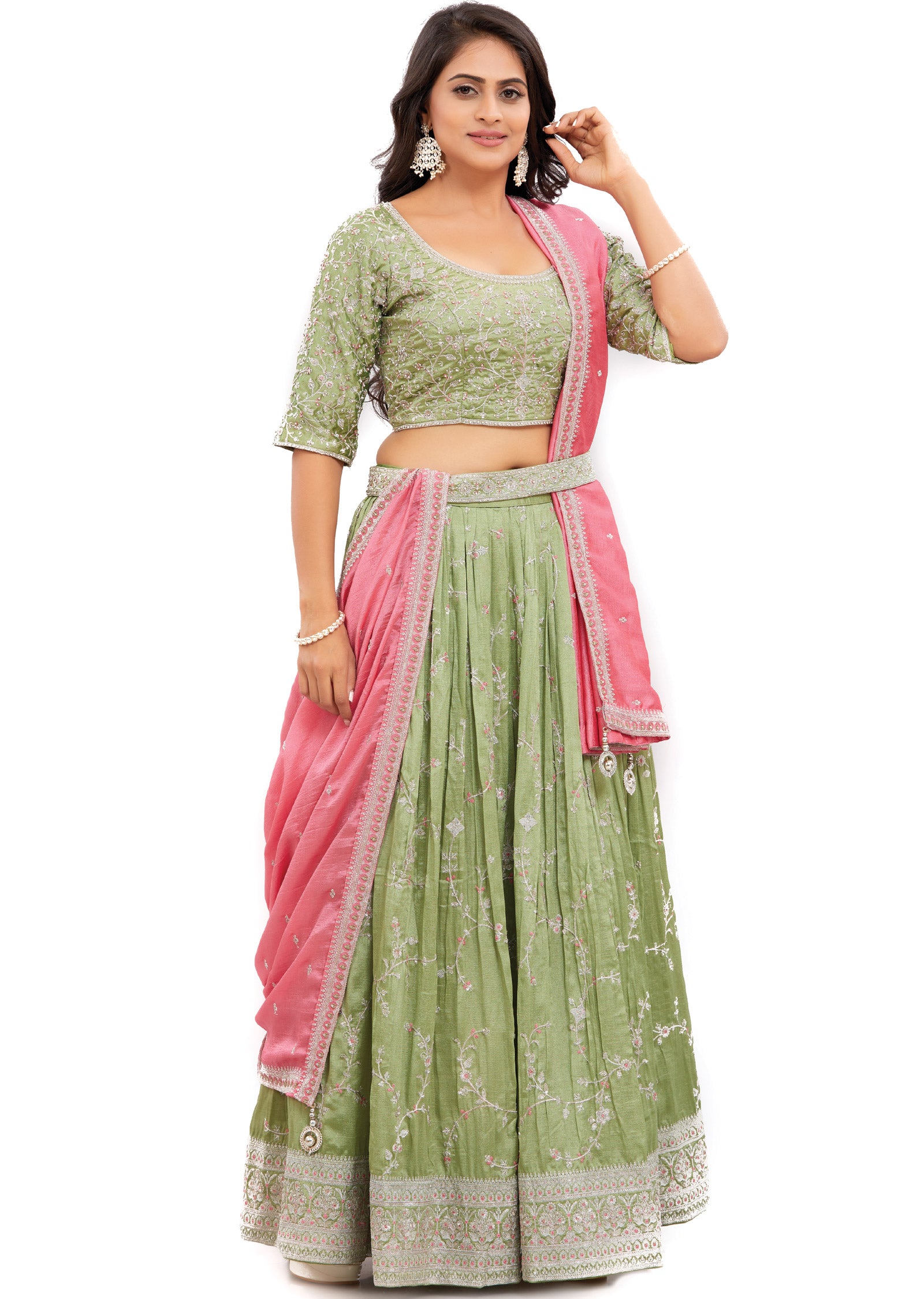 Light Mehndi Green Silk Lehenga Set