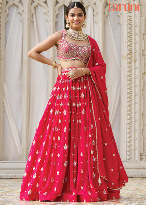 Rani Pink Net Georgette Lehenga Set with Zari & Mirror Work