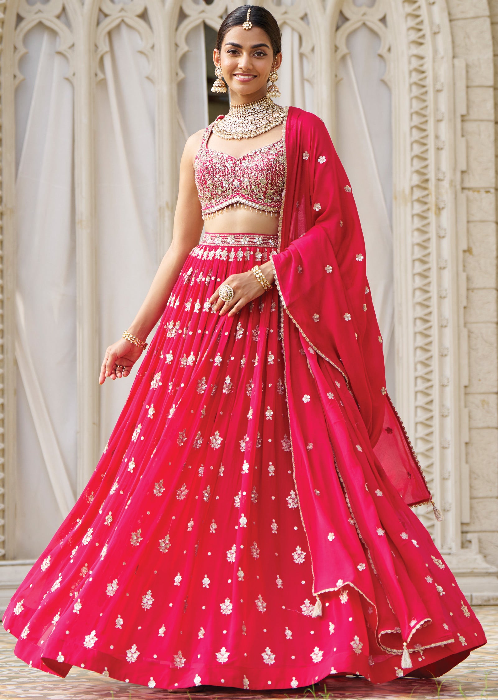 Rani Pink Net & Georgette Sequence & Mirror Work Lehenga Set