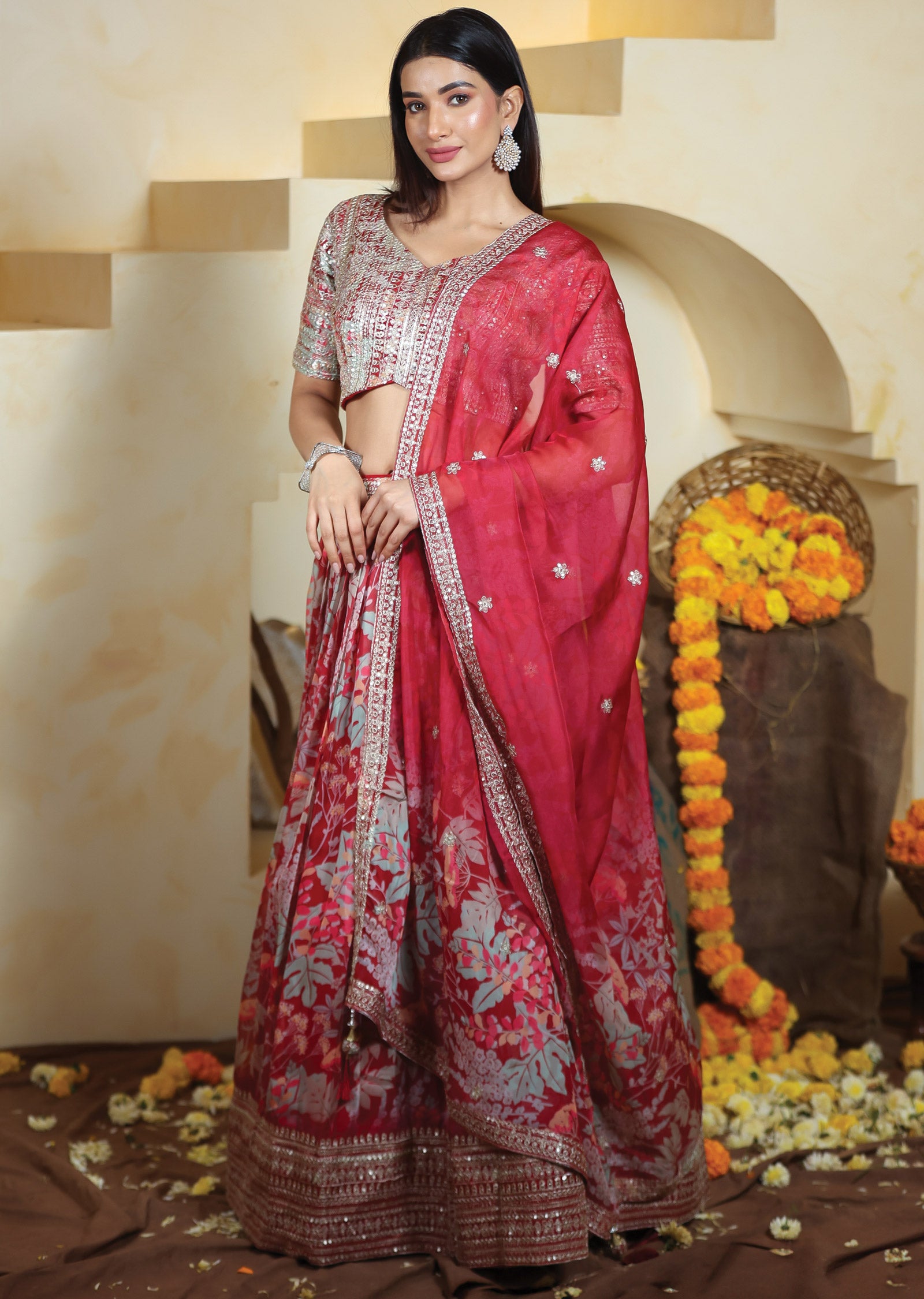 Maroon Georgette/Organza Lehenga Set