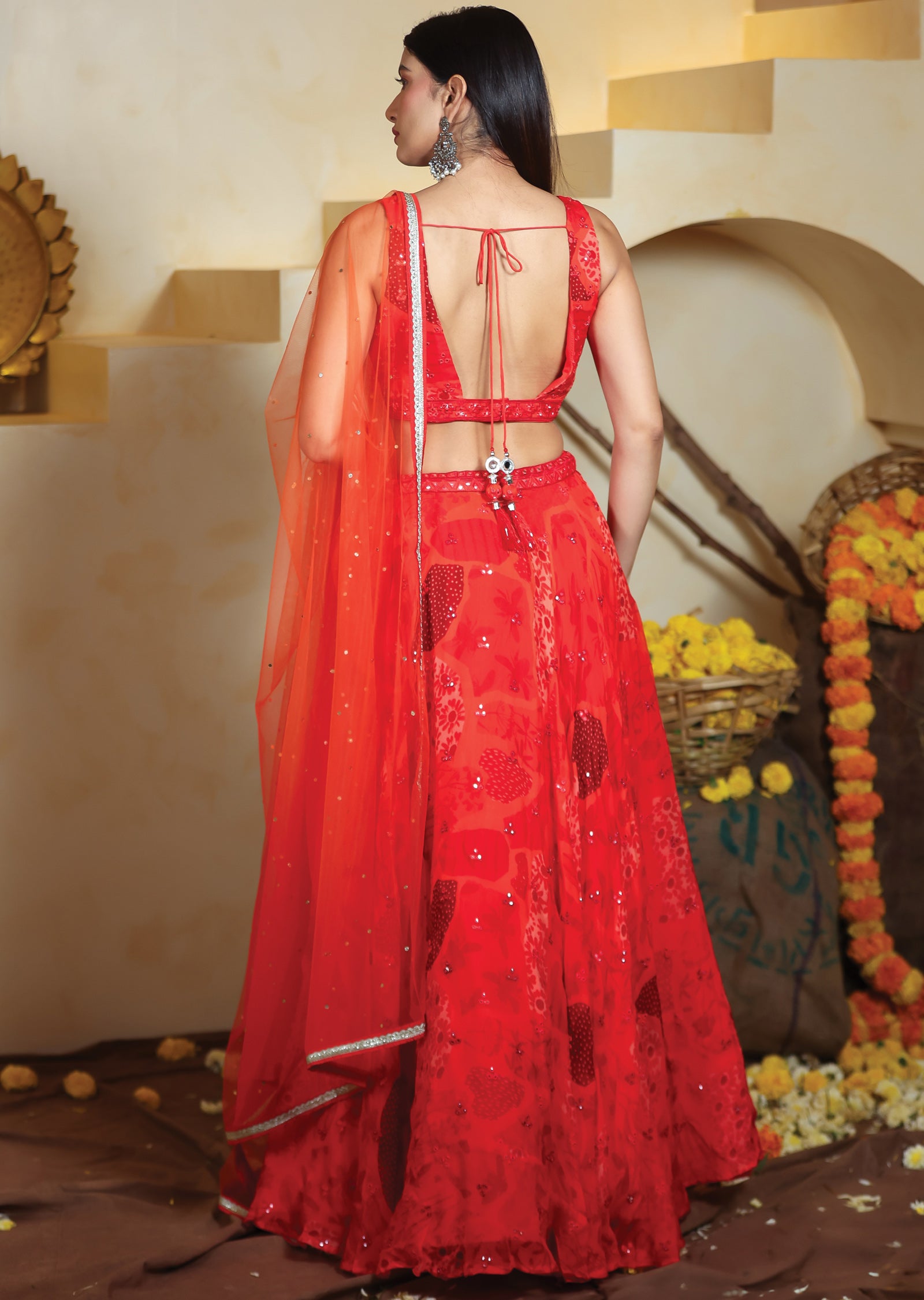 Red Organza Lehenga Set