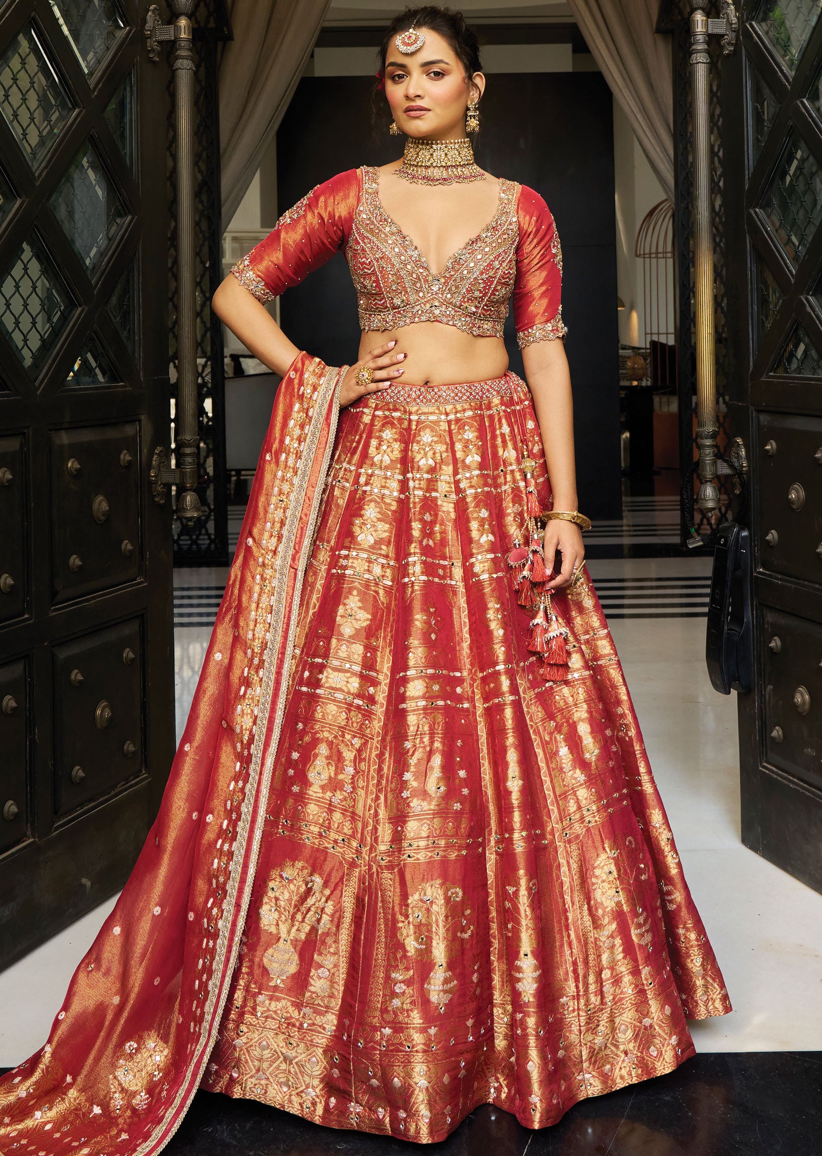 Rust Banarasi Tissue Silk Lehenga Set