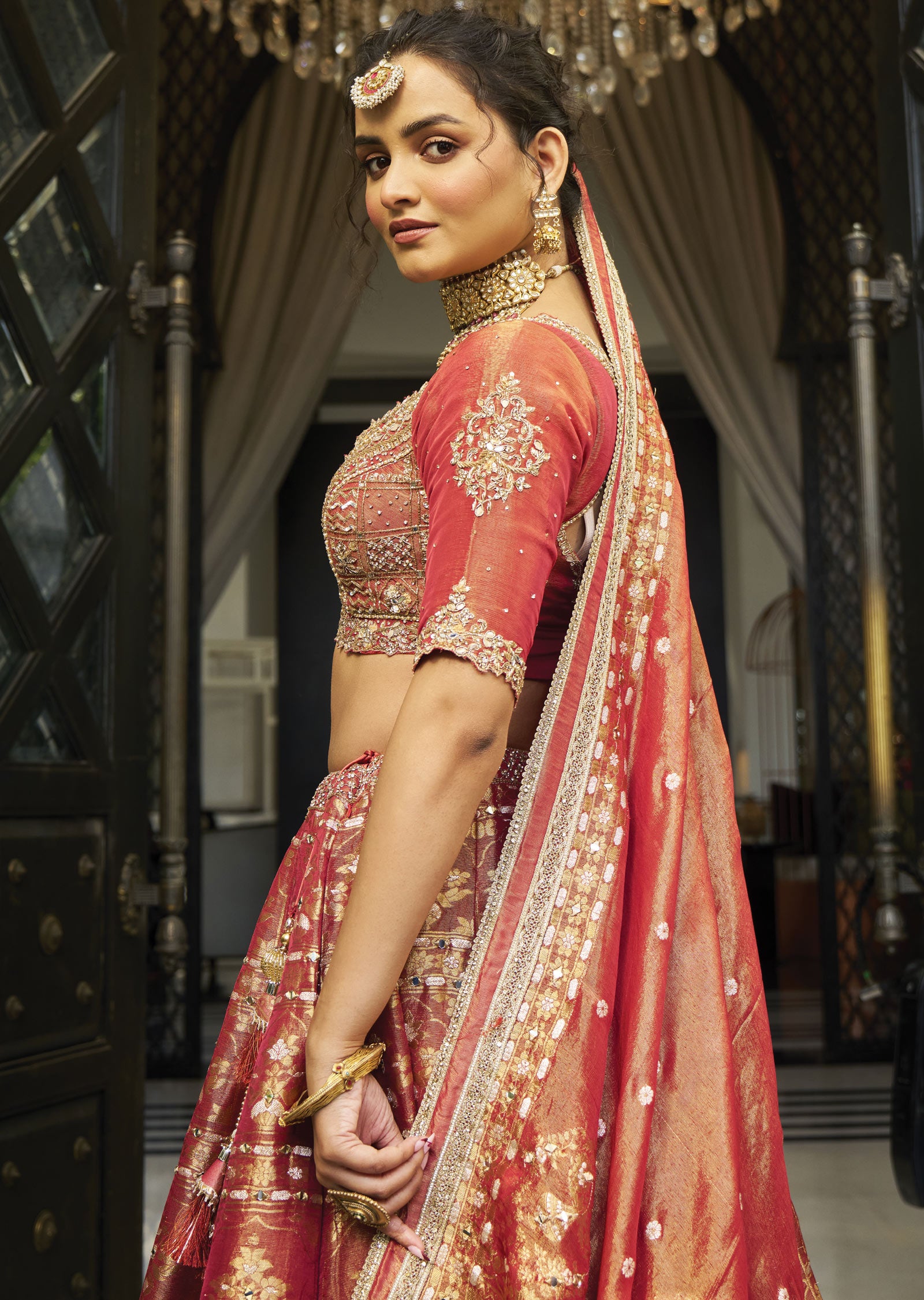 Rust Banarasi Tissue Silk Lehenga Set