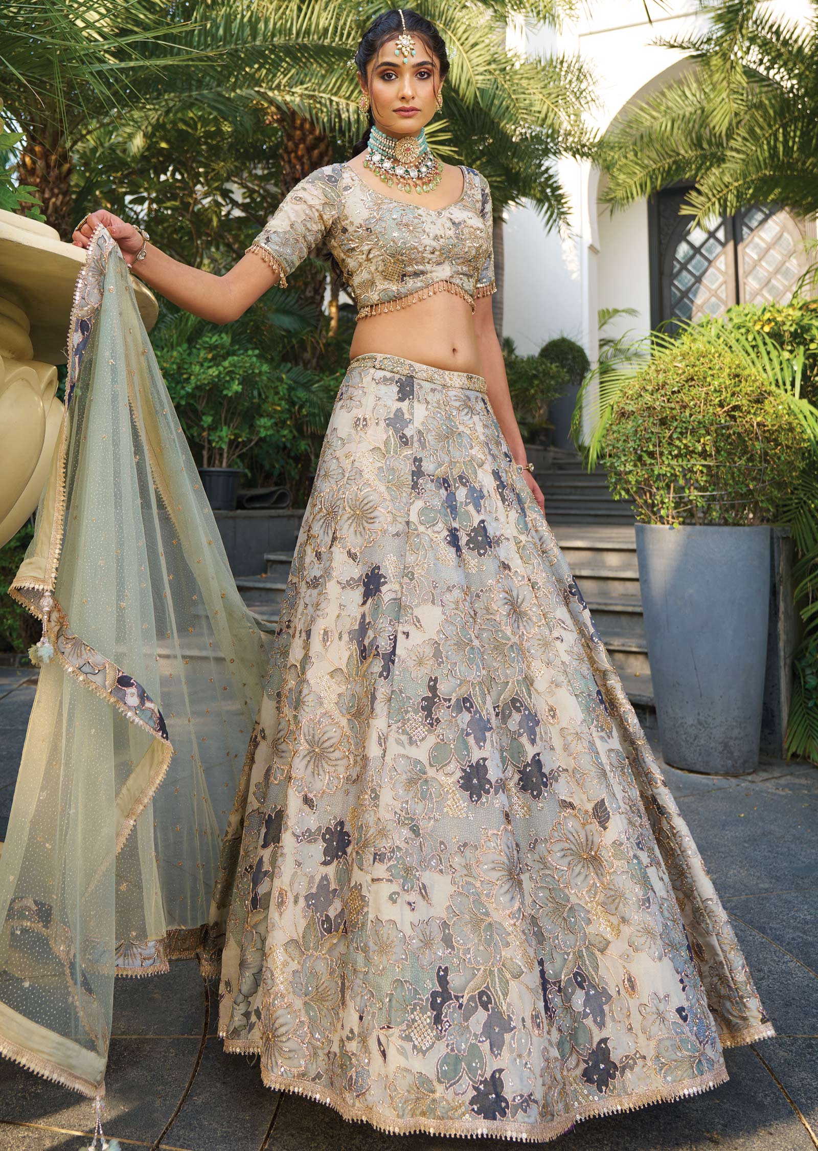 Dusty Green Tissue Silk Lehengas