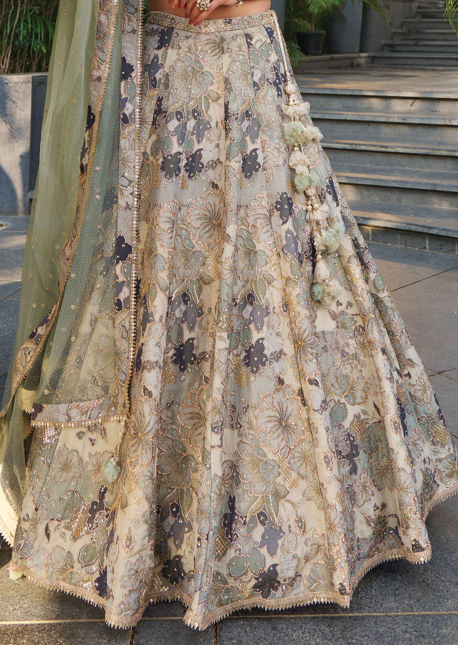 Dusty Green Tissue Silk Lehengas