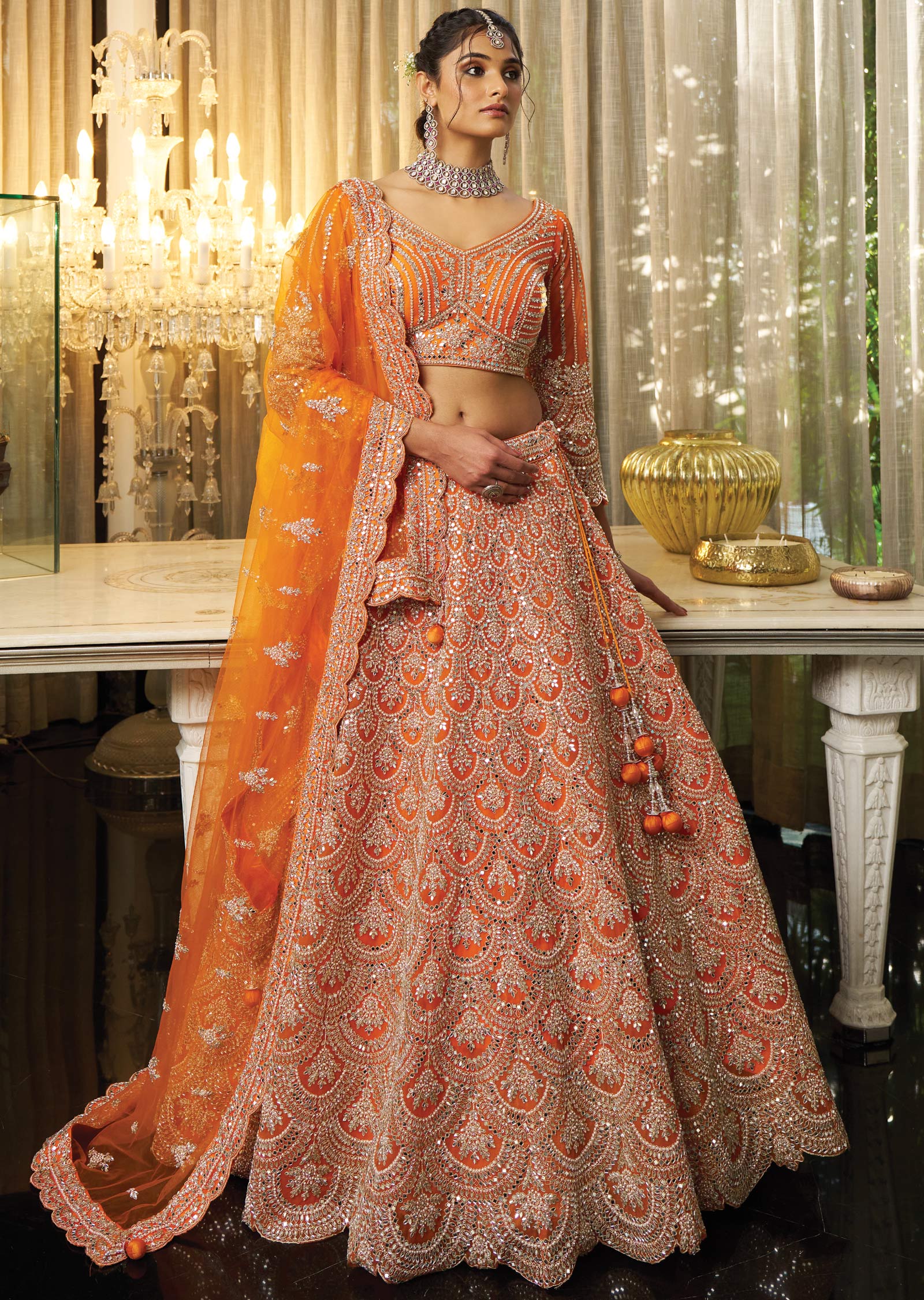 Orange Net Lehenga Set