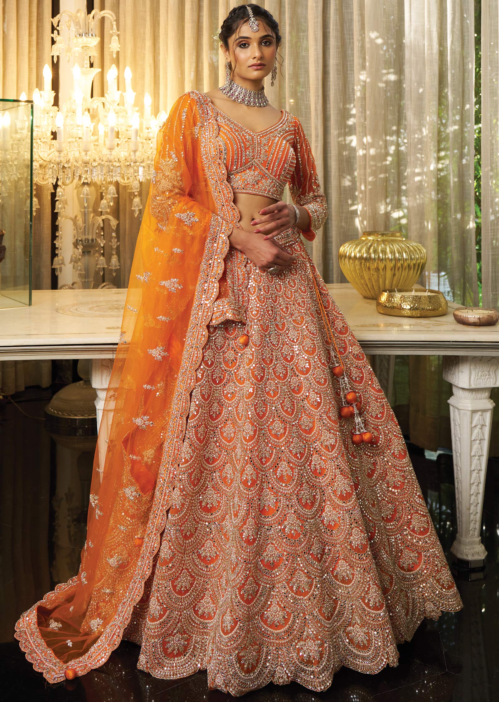 Orange Net Lehenga Set