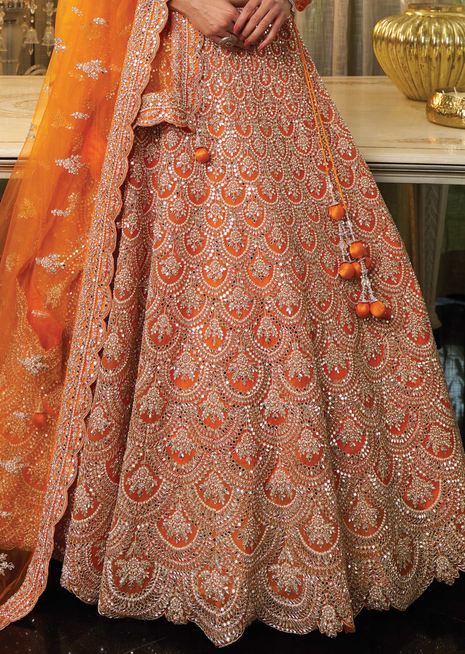 Orange Net Lehenga Set