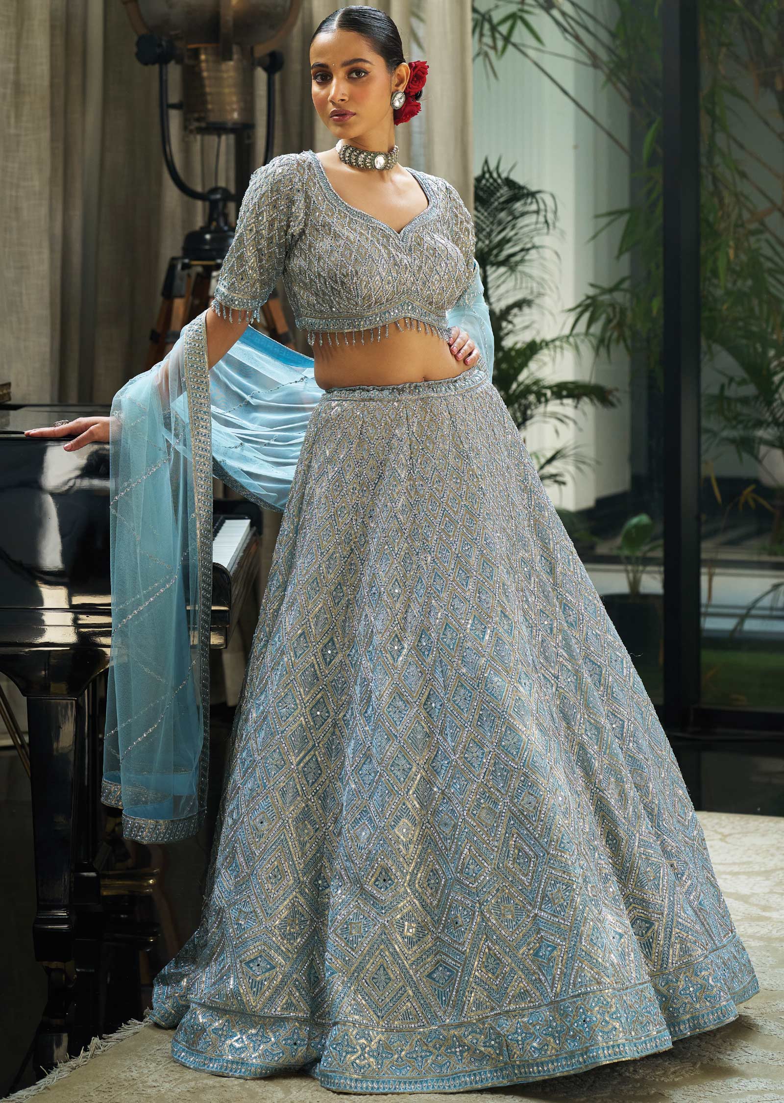 Light Blue Net Lehenga Set