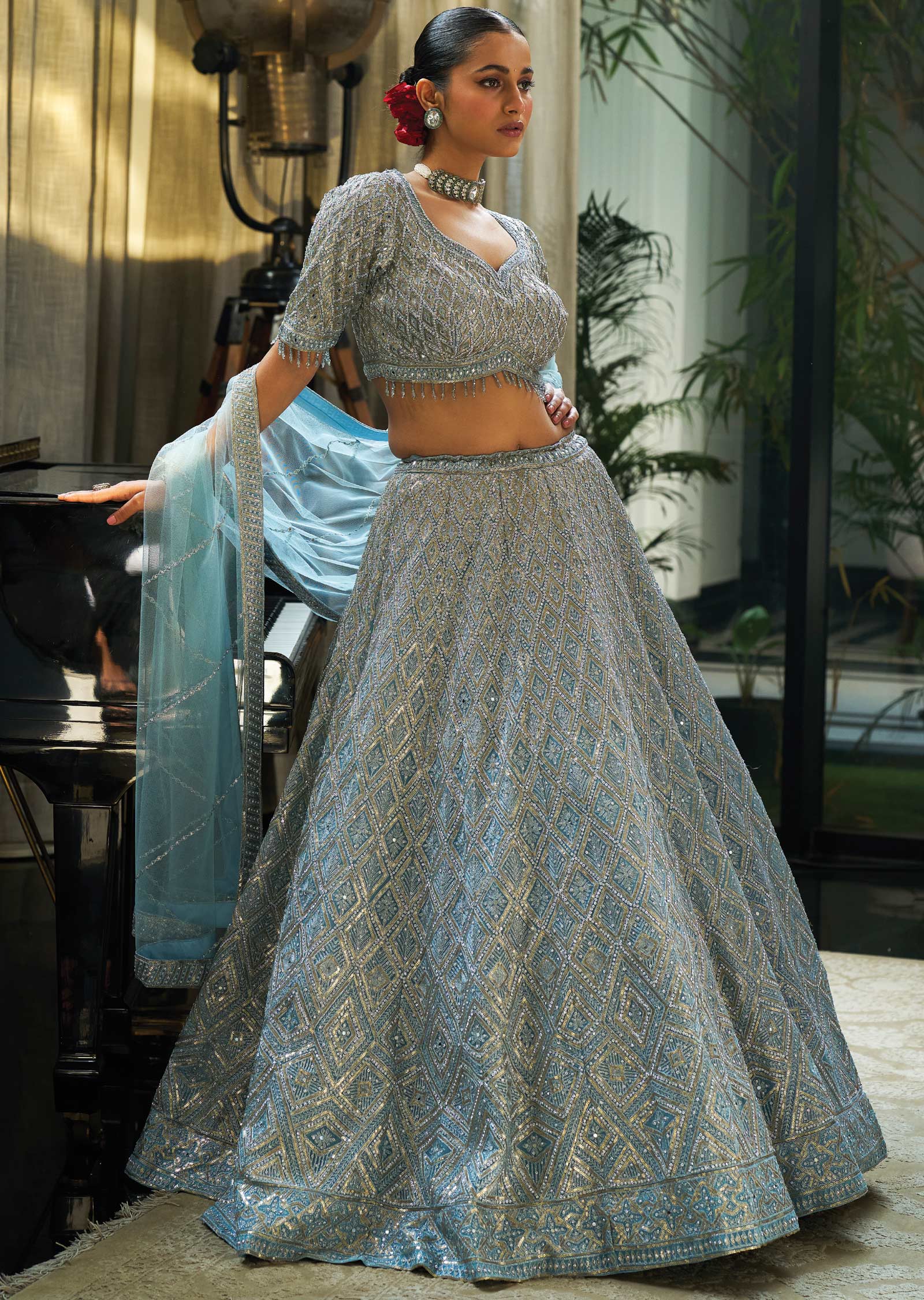 Light Blue Net Lehenga Set