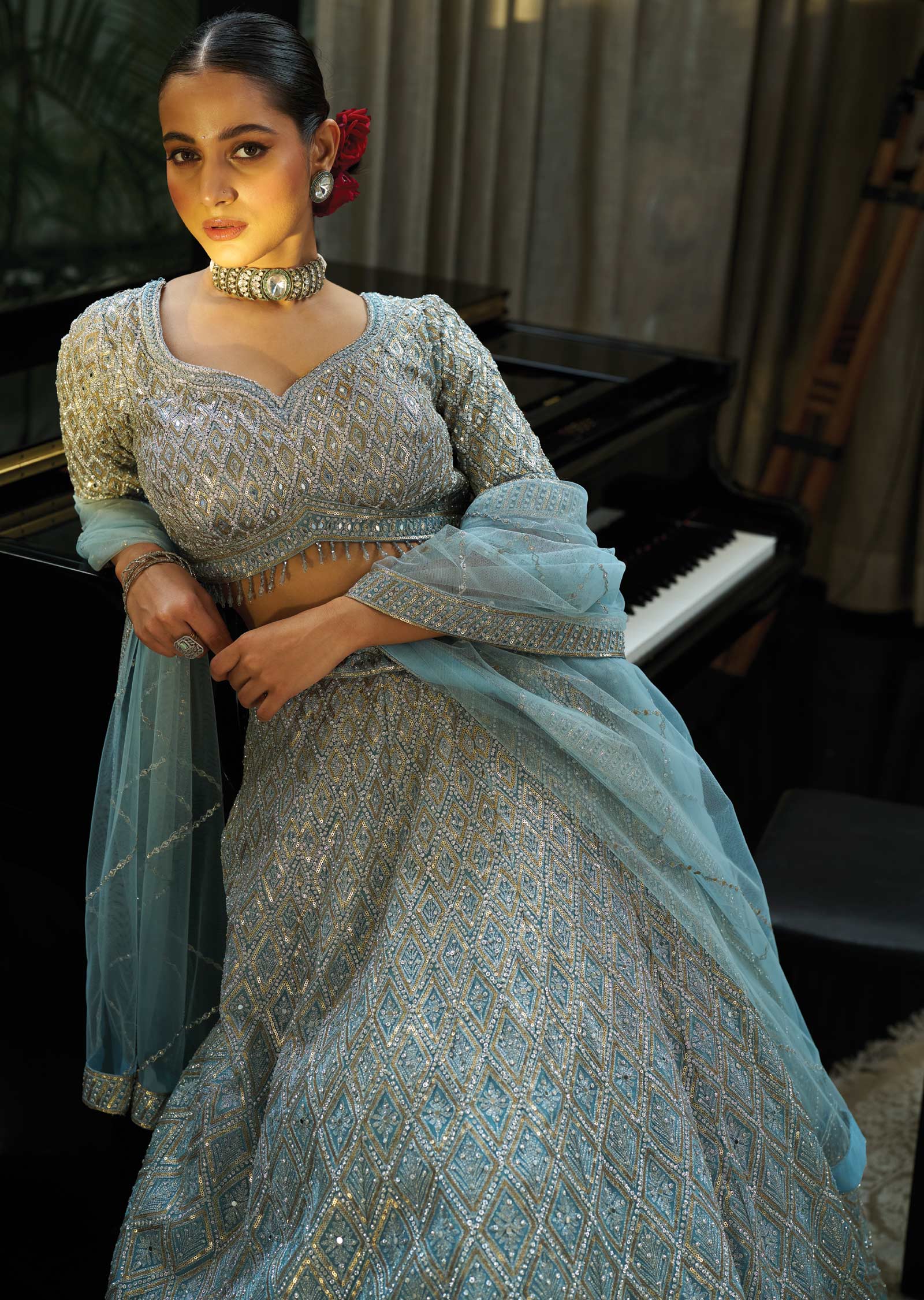 Light Blue Net Lehenga Set