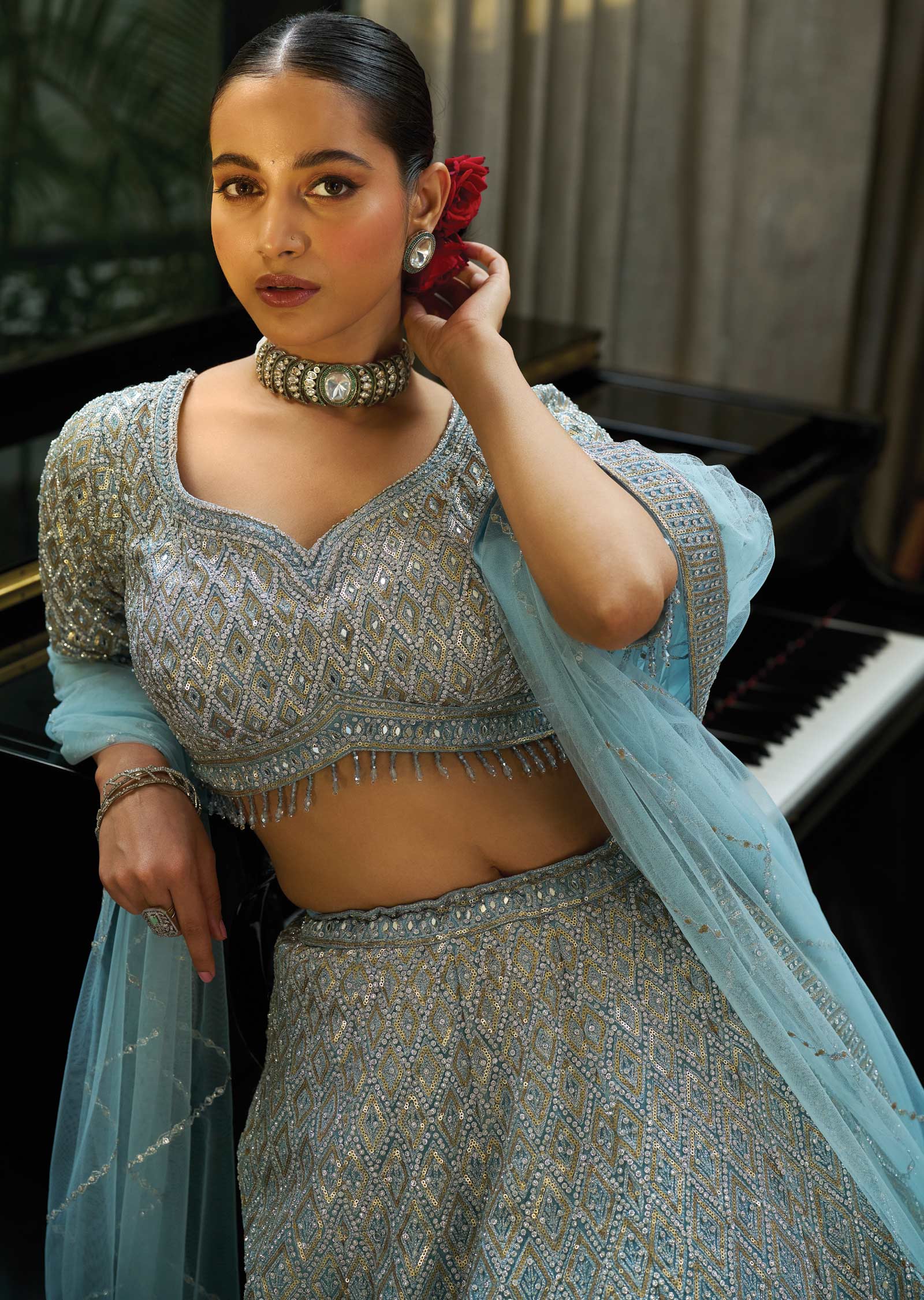 Light Blue Net Lehenga Set