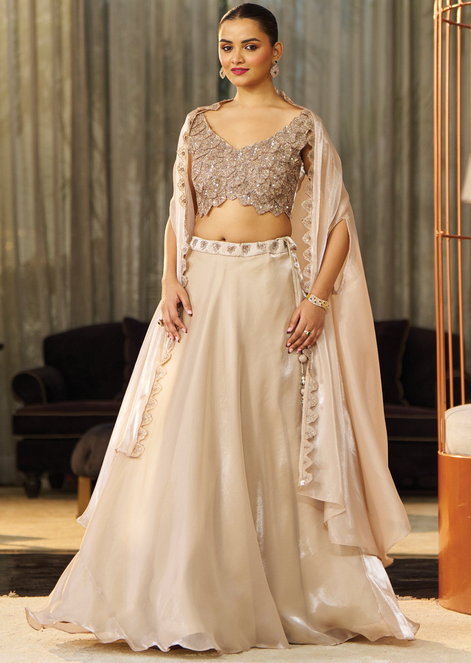 Beige Tissue Organza Lehenga Set