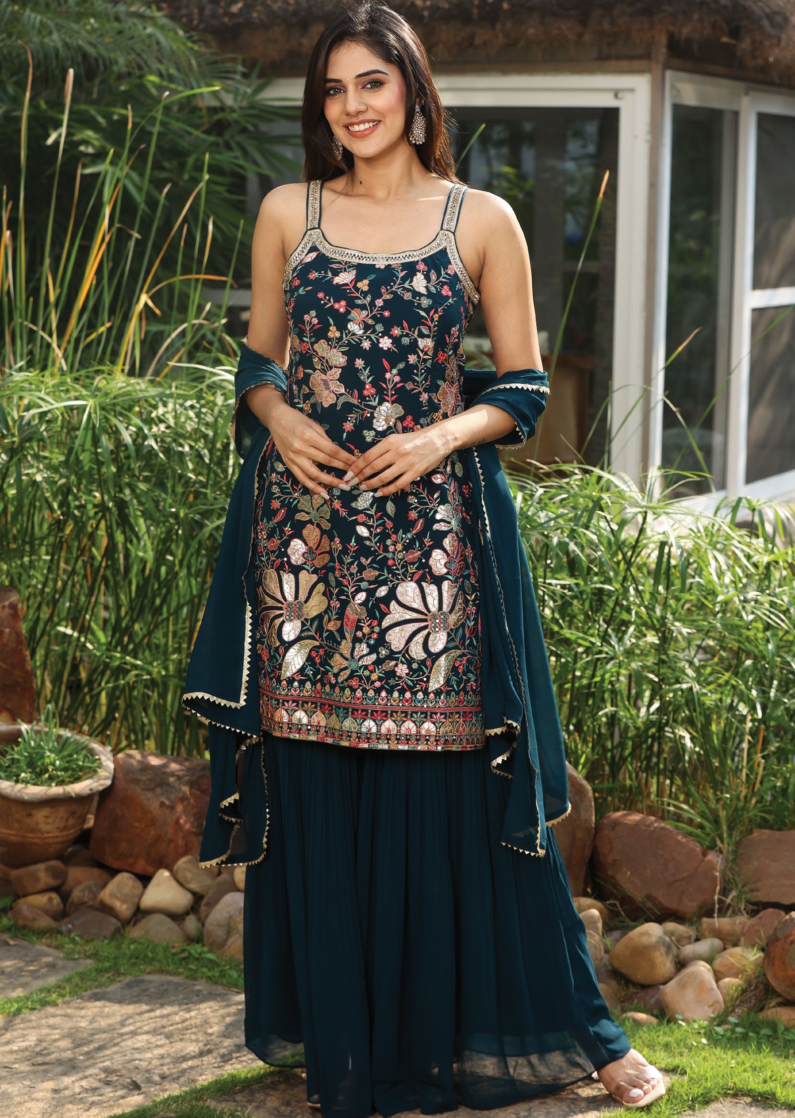 Women Teal Blue Jari Georgette   Un Stitched Suit Ethnic Collections main image 0