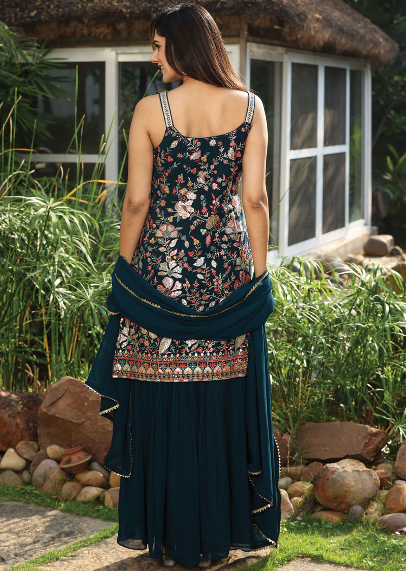 Teal Yoke Design Georgette A-Line Suit Set With Trousers