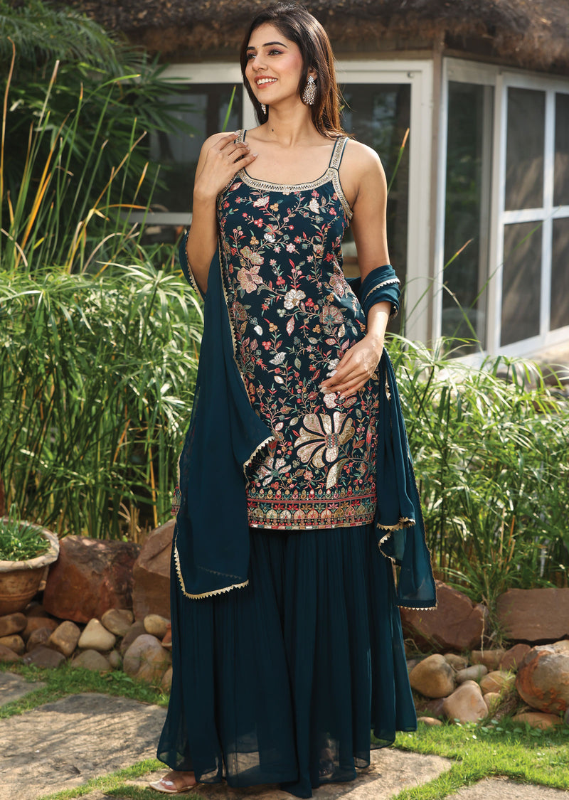 Women Teal Blue Jari Georgette   Un Stitched Suit Ethnic Collections main image 0