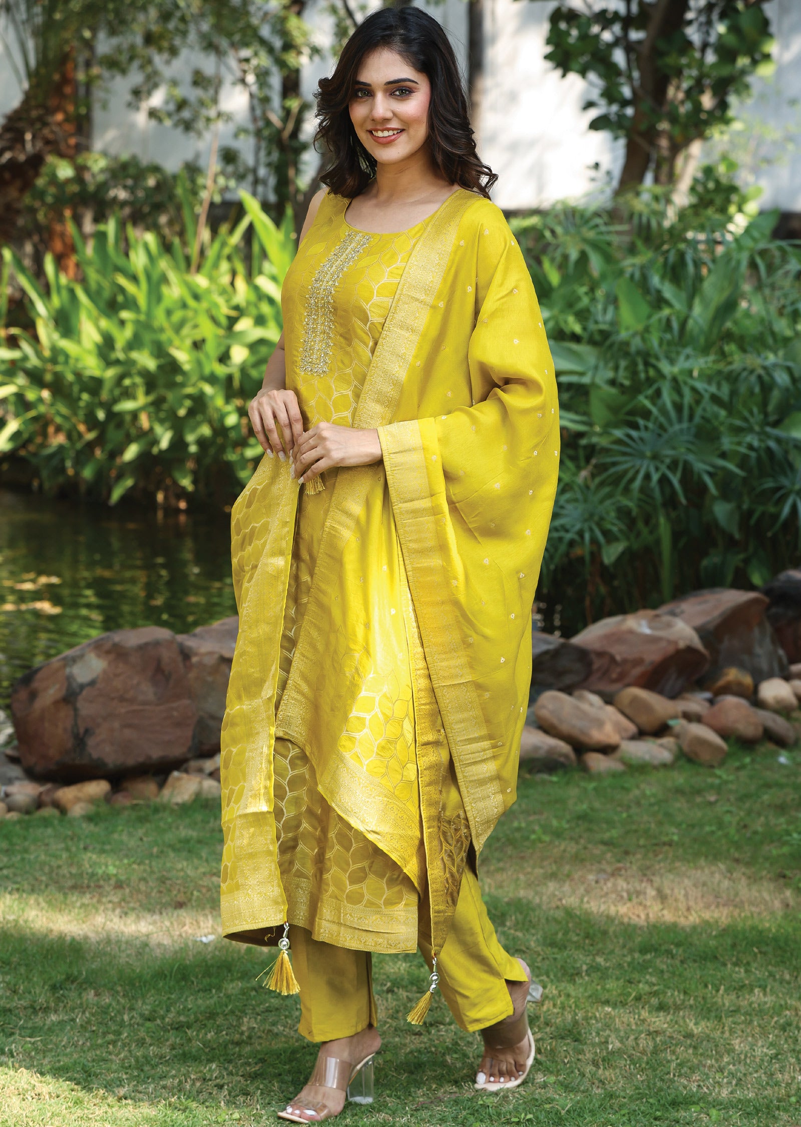 Lime Green Banaras Straight Cut Suit