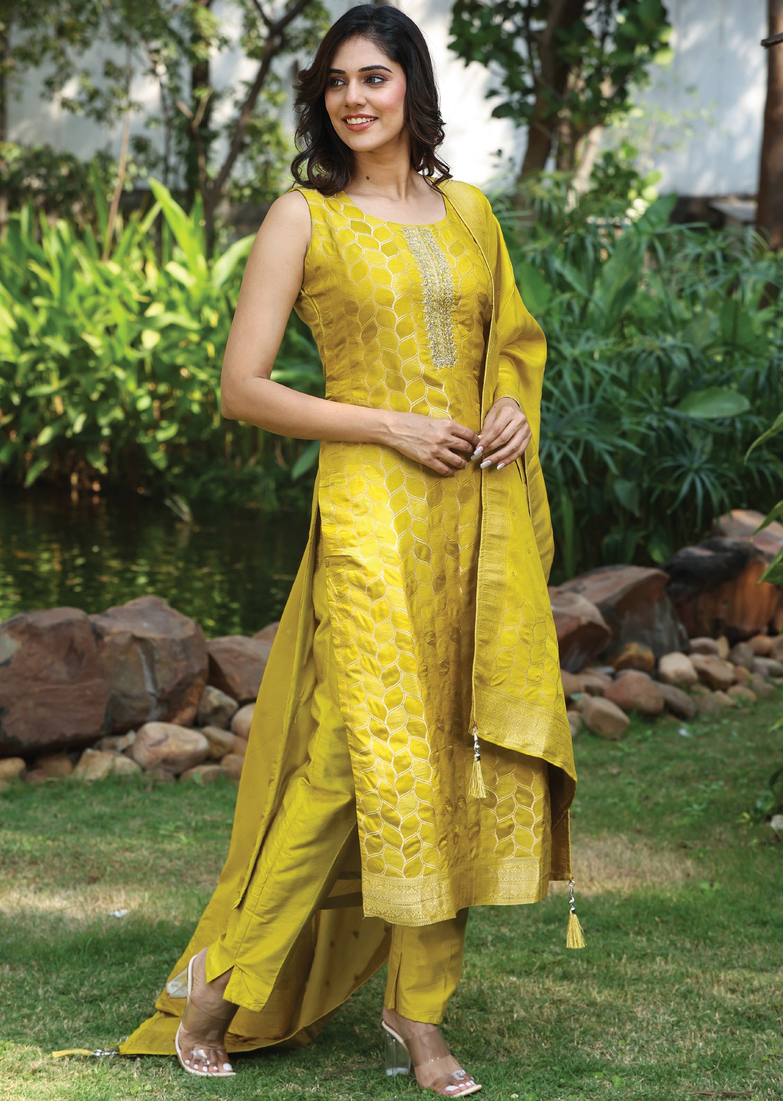 Lime Green Banaras Straight Cut Suit