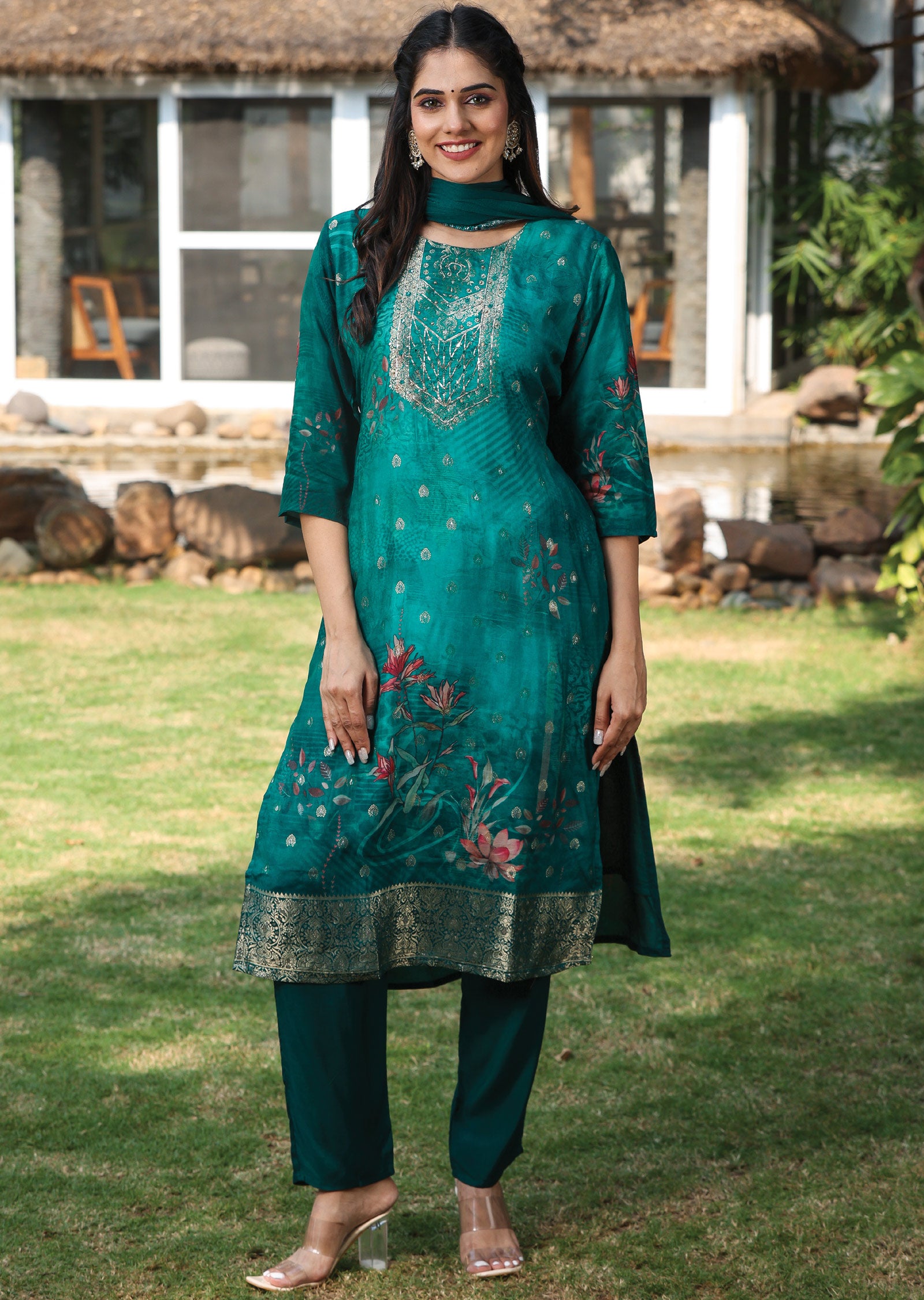 Rama Blue Banaras Silk Straight Cut Suit