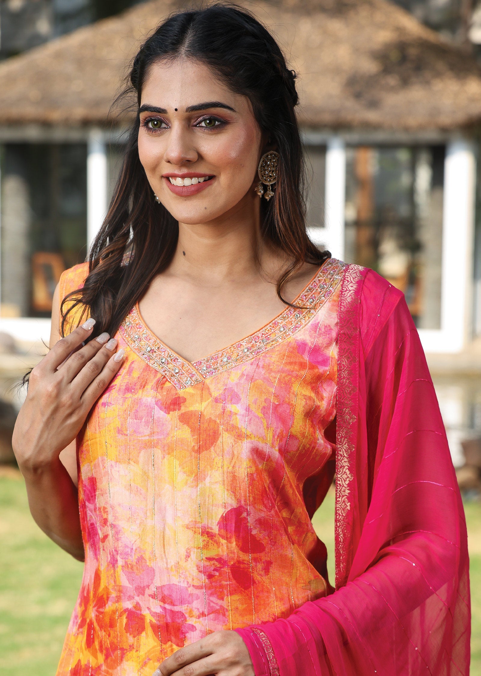 Multi Color Dola Silk Straight Cut Suit