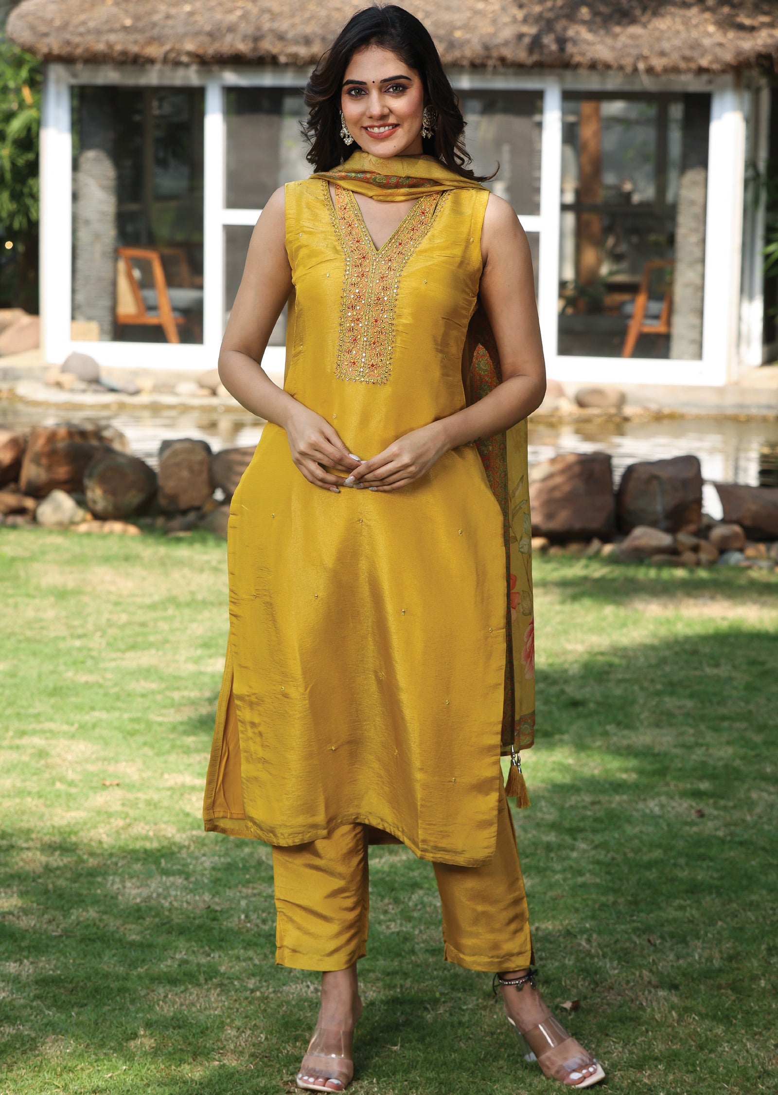 Yellow Tissue Silk Straight Cut Suit