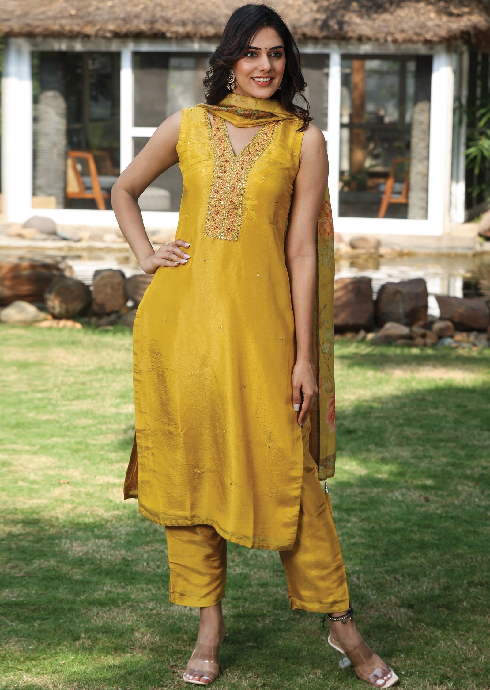 Yellow Tissue Silk Straight Cut Suit