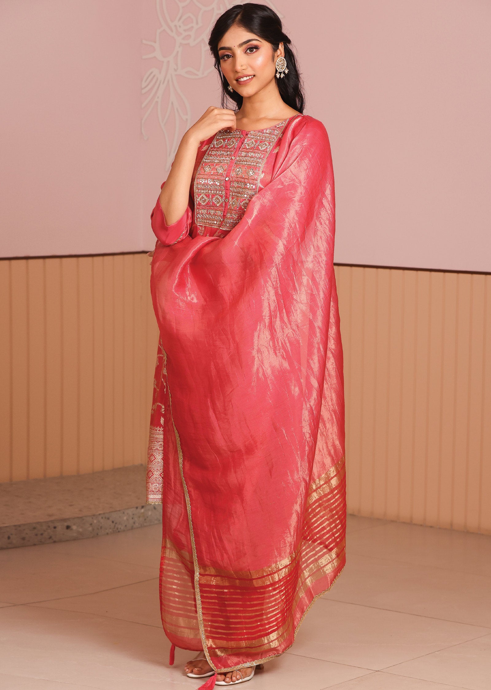 Pink Tissue Banaras Silk Straight Cut Suit