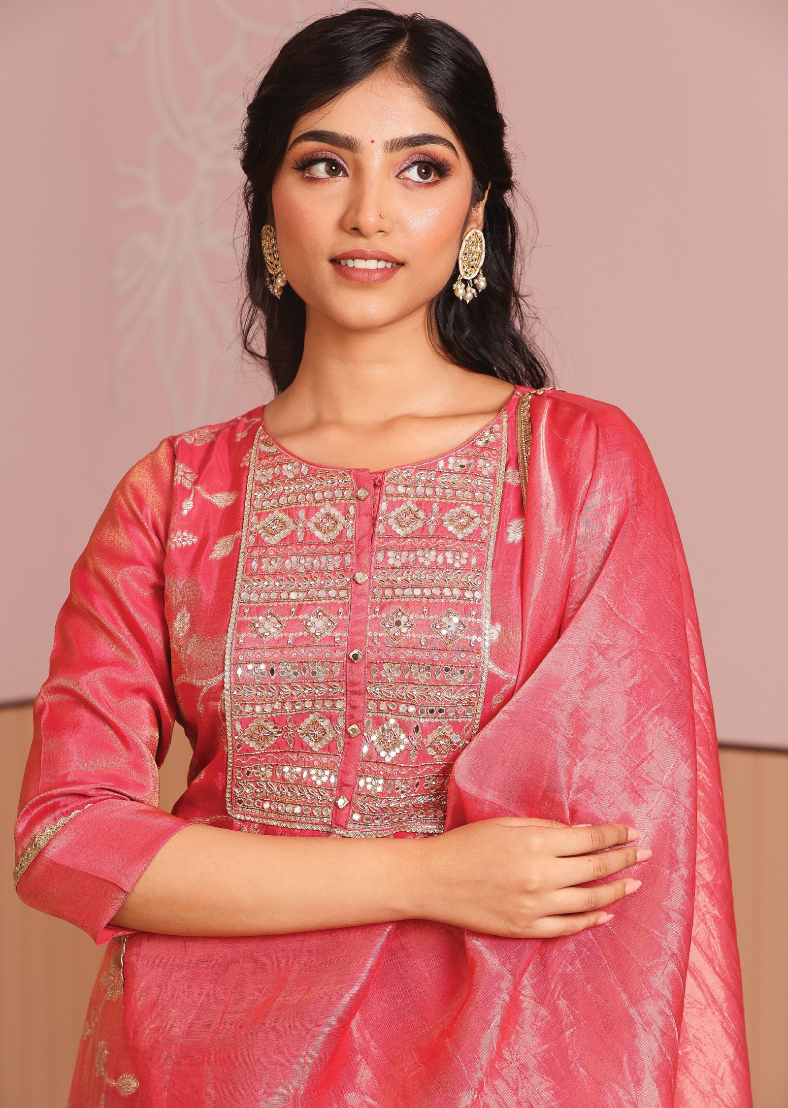 Pink Tissue Banaras Silk Straight Cut Suit