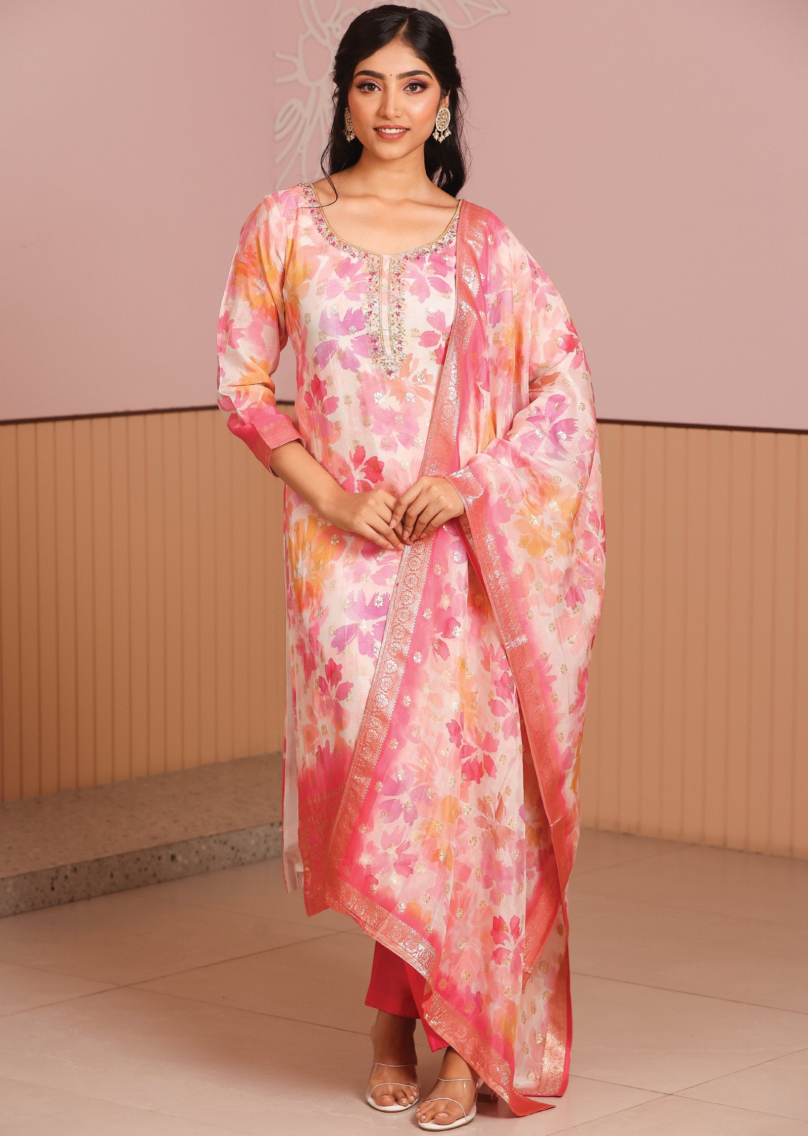 Off White & Pink Banaras Silk Straight Cut Suit