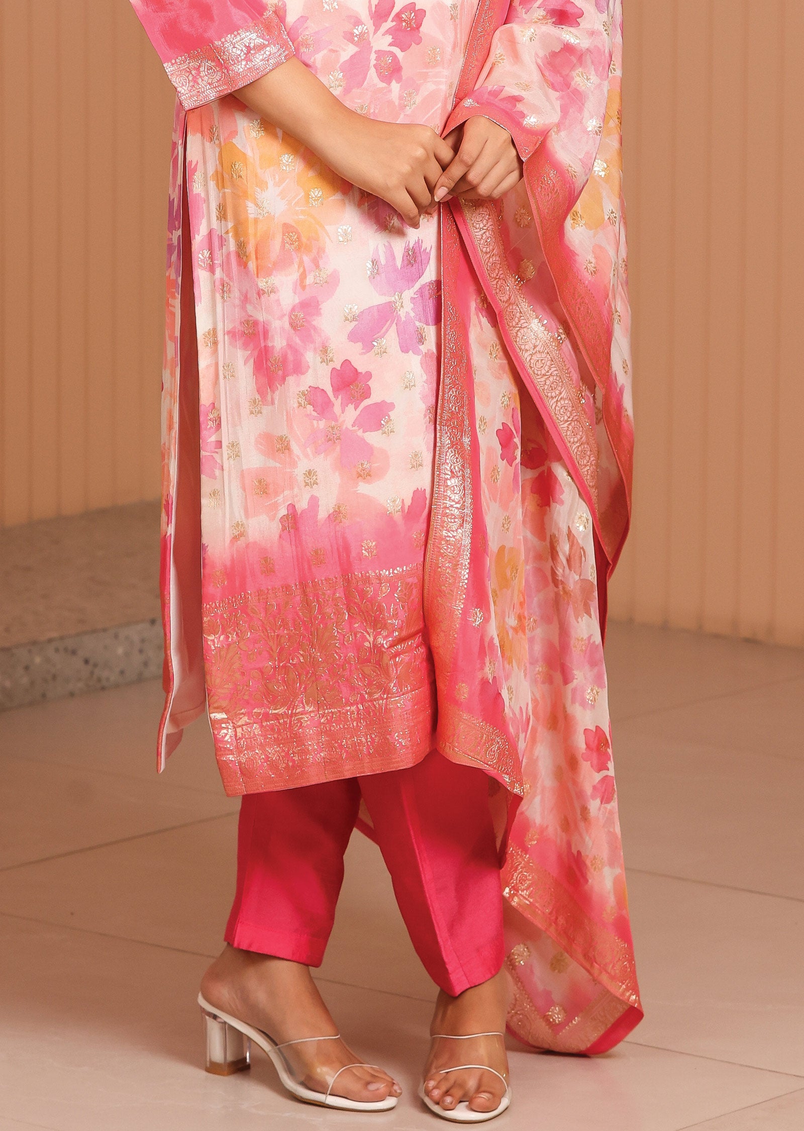 Off White & Pink Banaras Silk Straight Cut Suit