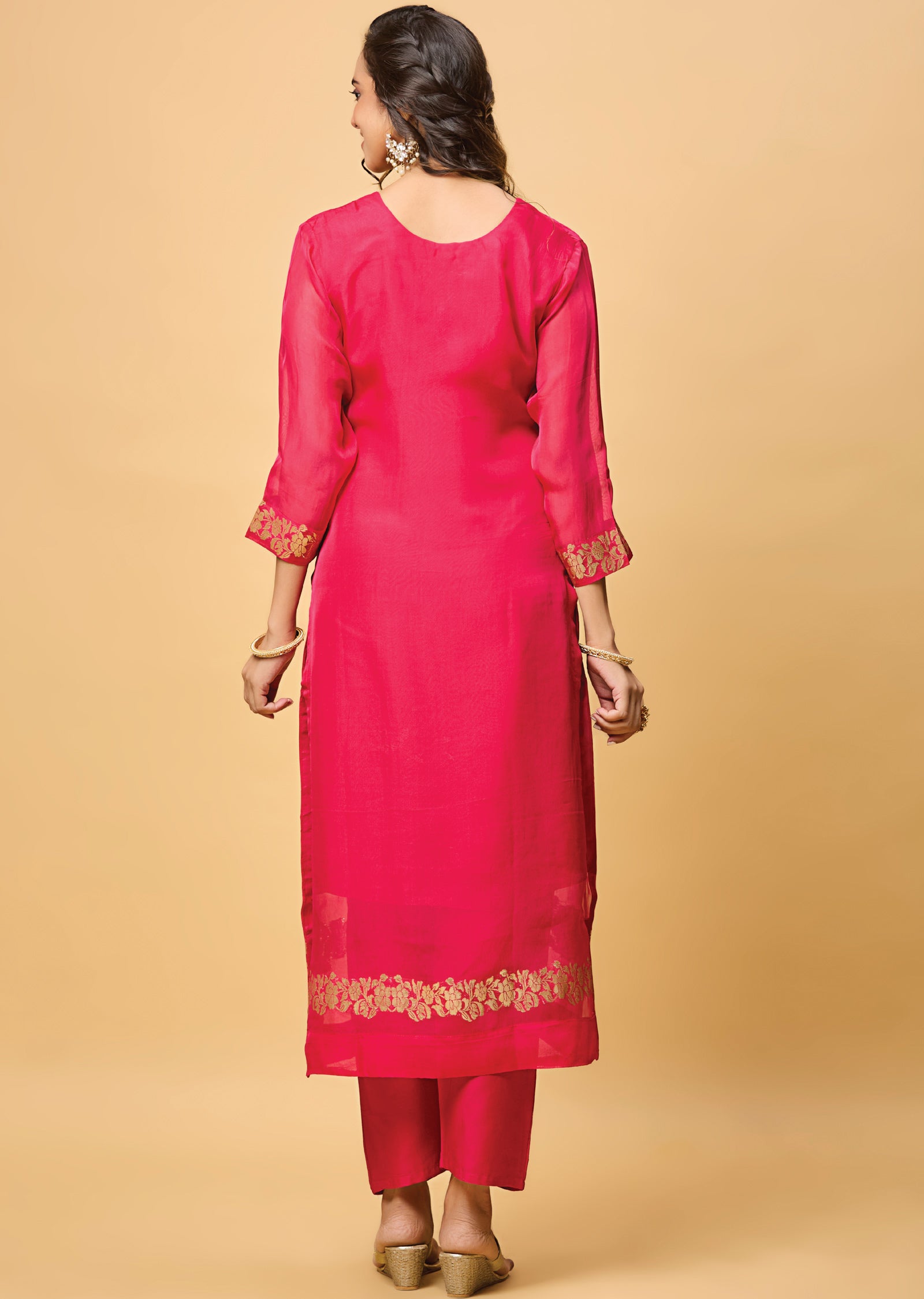 Rani Pink Banarasi Organza Straight Cut Suit