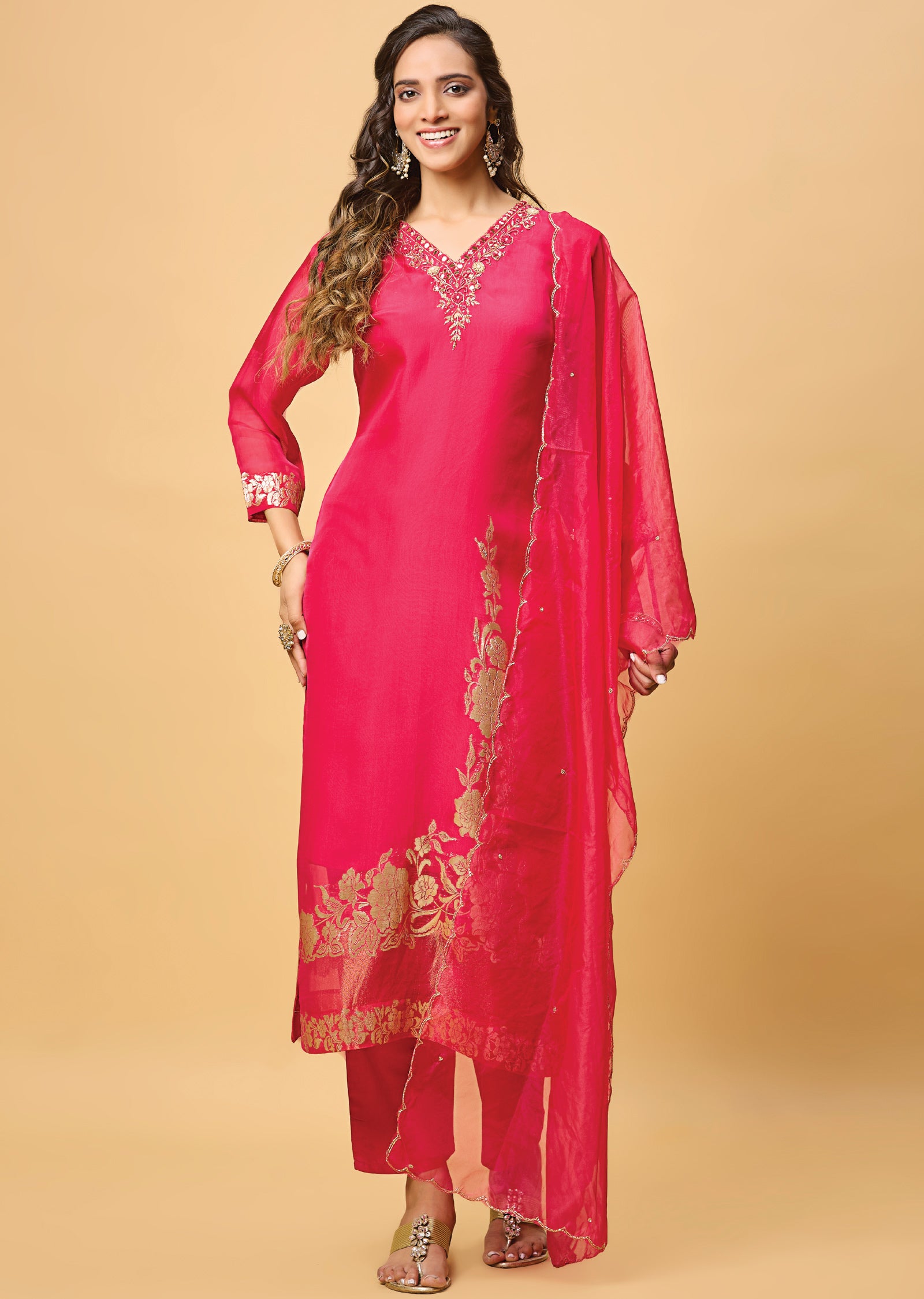 Rani Pink Banarasi Organza Straight Cut Suit