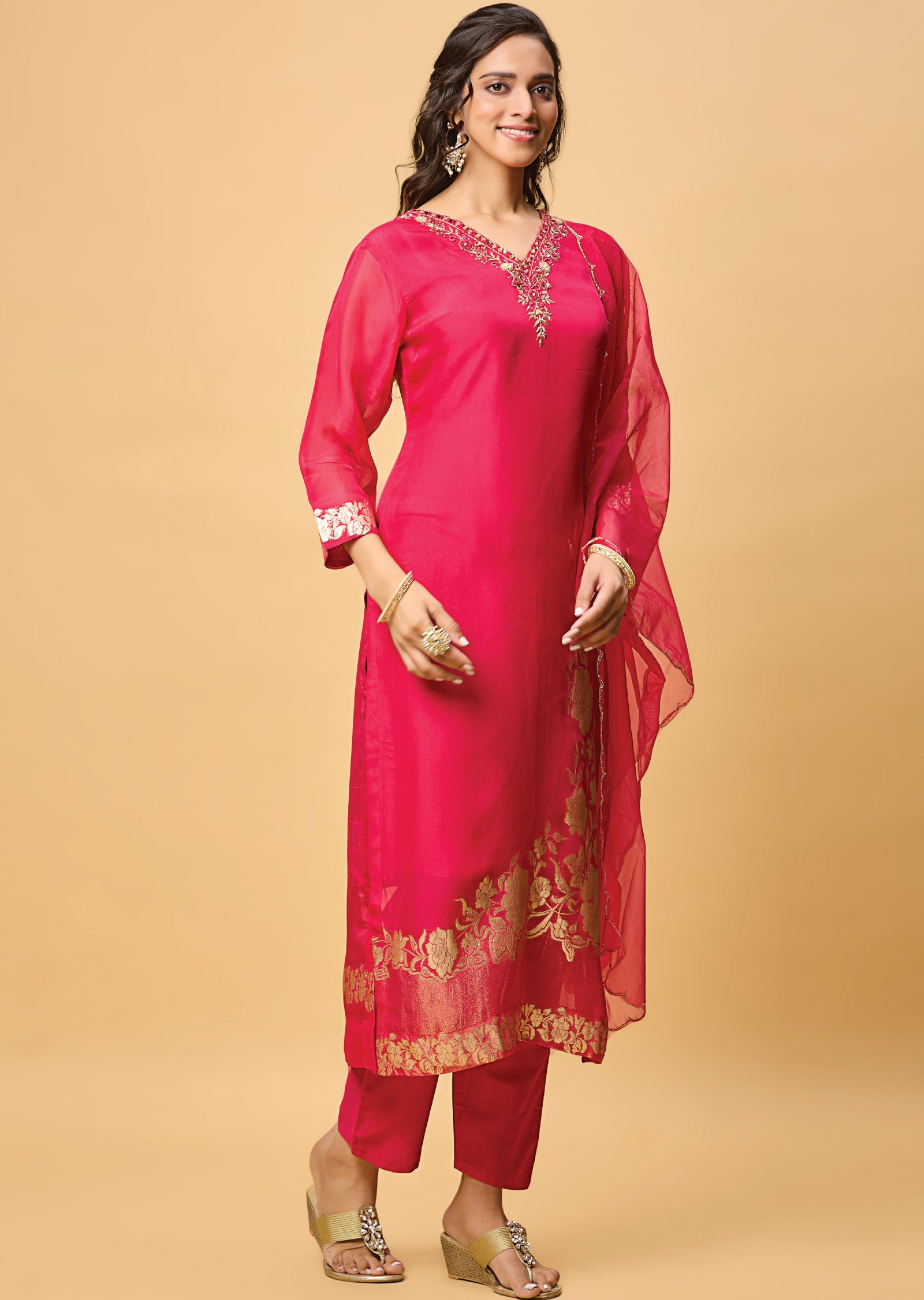 Rani Pink Banarasi Organza Straight Cut Suit