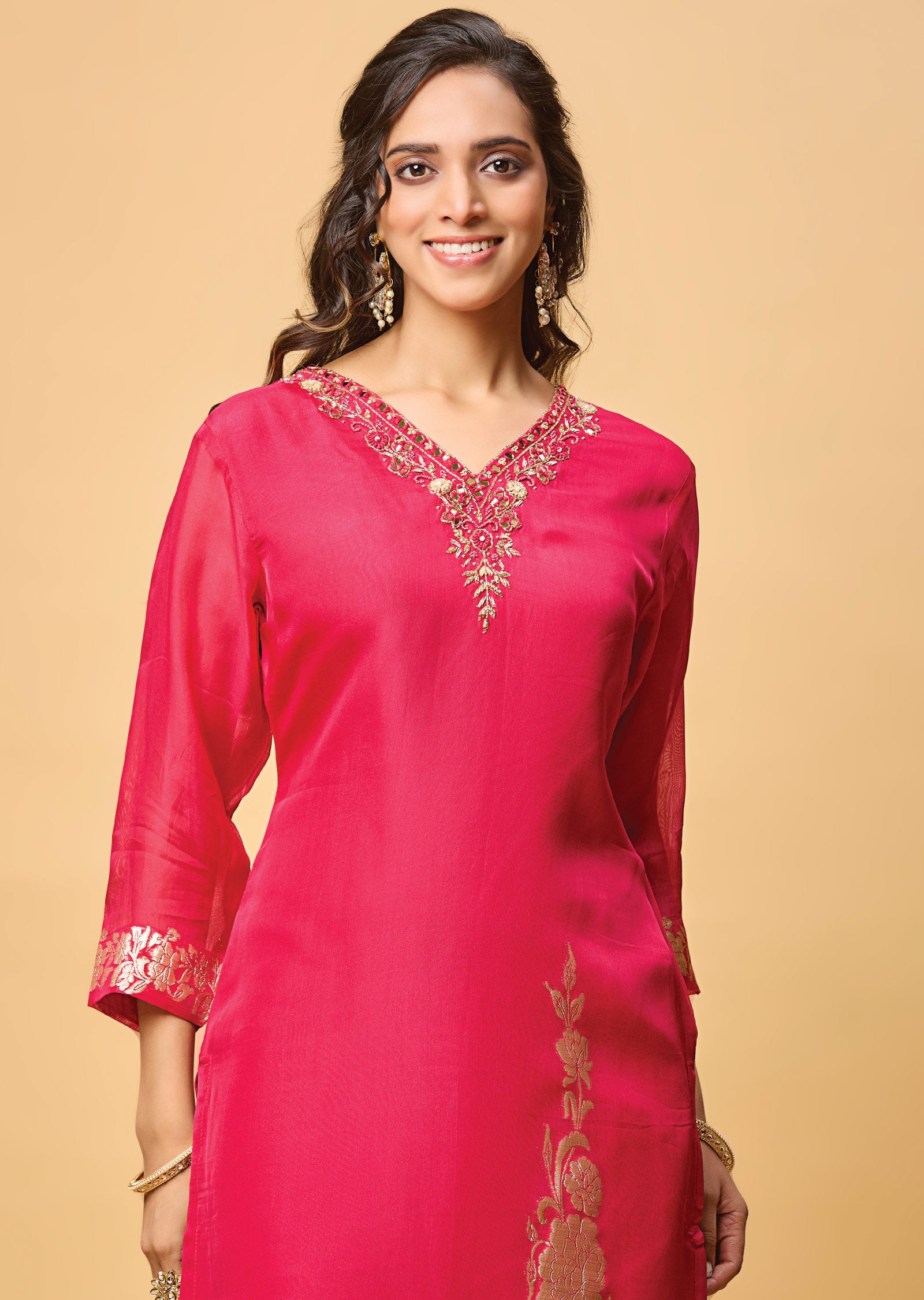 Rani Pink Banarasi Organza Straight Cut Suit