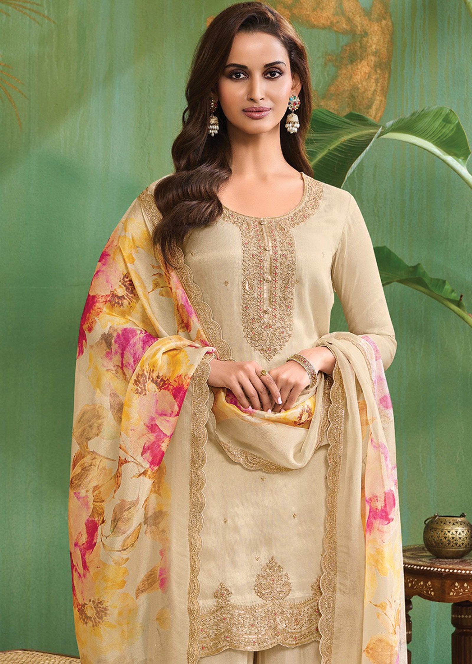 Beige Tissue Straight Cut Suit
