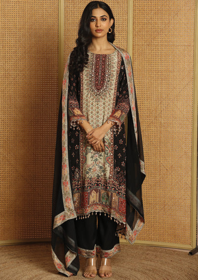 Black & Beige Crepe Straight Cut Suit