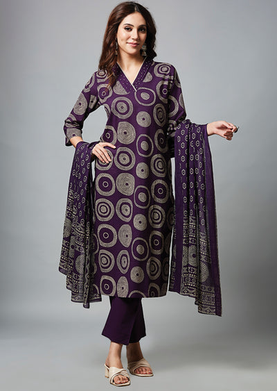 Purple Cotton Straight Cut Suit