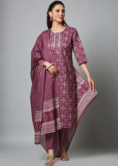 Magenta Cotton Straight Cut Suit