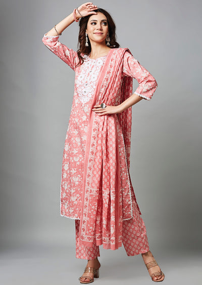 Pink Cotton Straight Cut Suit